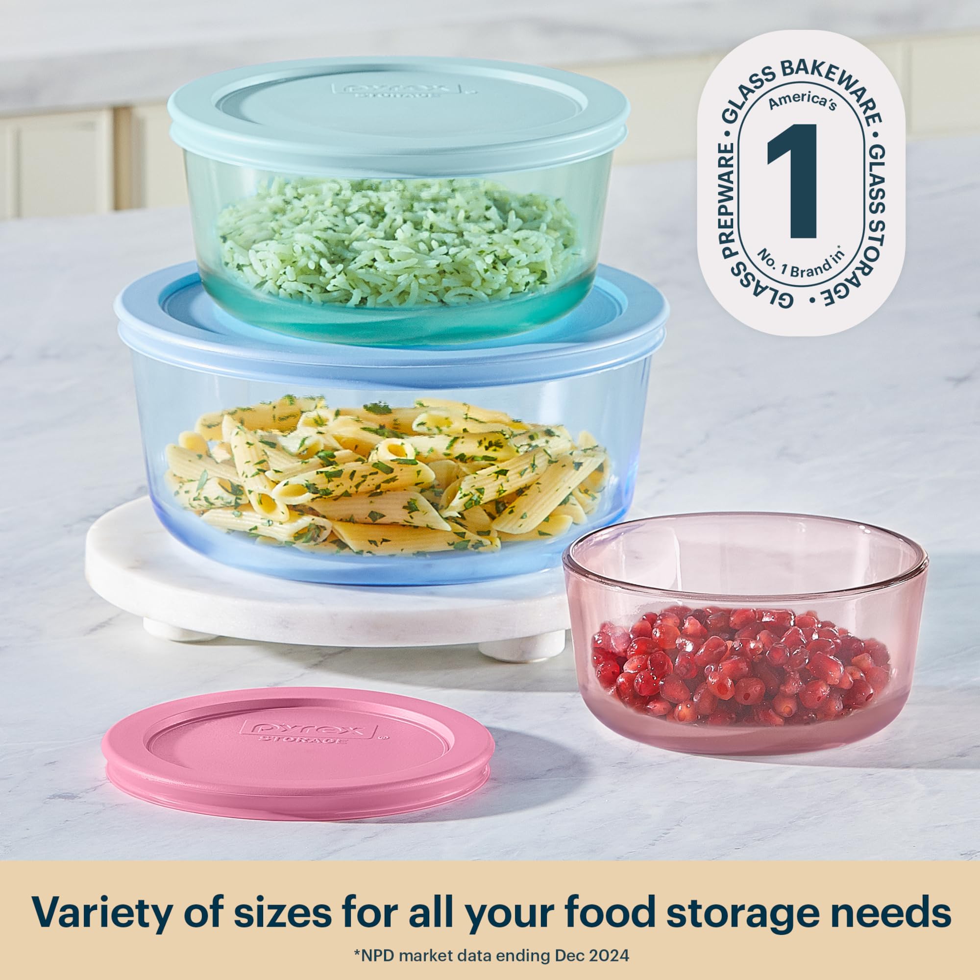 Pyrex Colors - Juego de 3 recipientes redondos de vidrio tintado para almacenamiento de alimentos, tapas de plástico no tóxico sin BPA, apto para congelador, lavavajillas, microondas, 2 tazas, 4 tazas