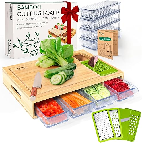 YANs Tabla de cortar de bambú con recipientes para una fácil preparación de comidas, juego de tablas de cortar extra grandes que ahorran espacio con