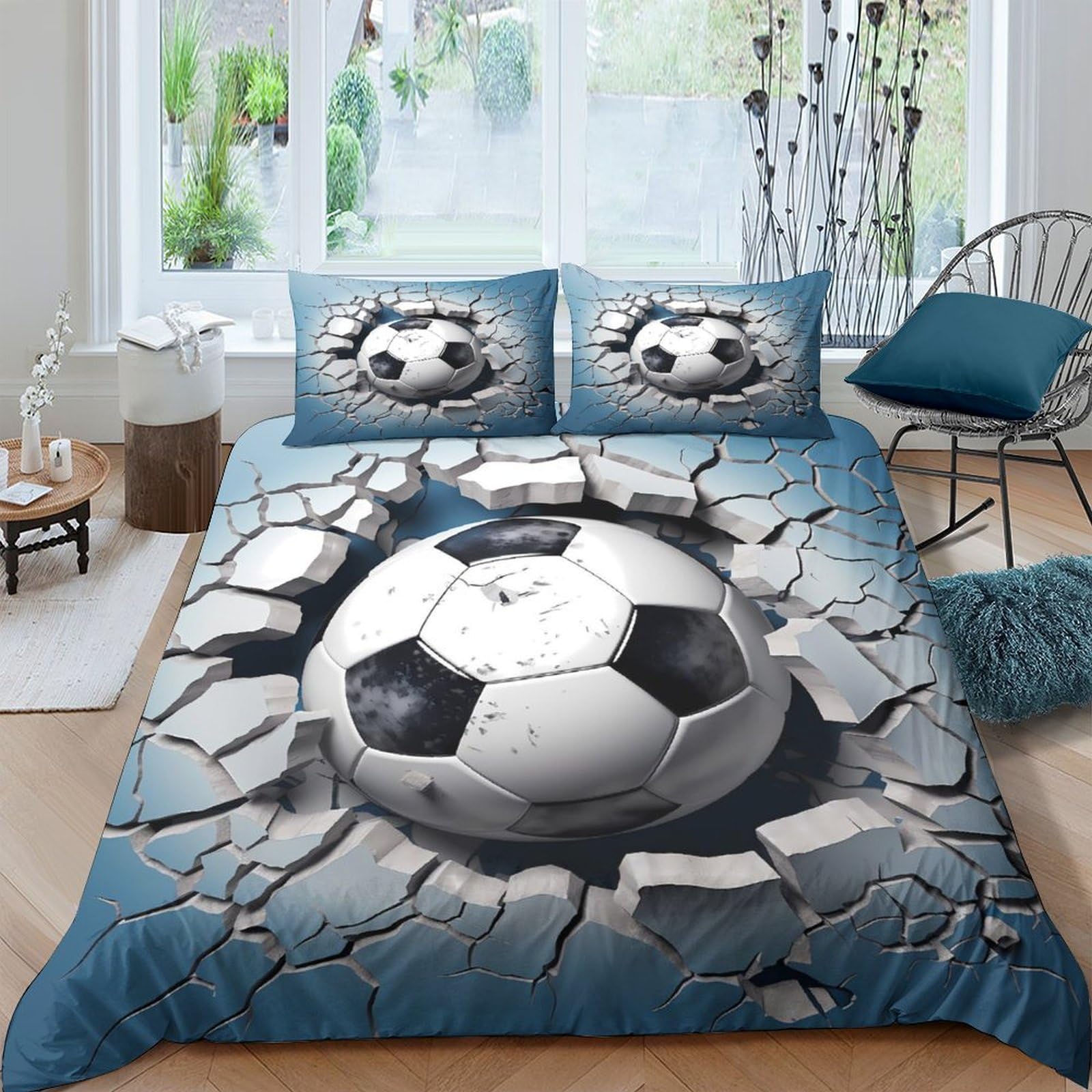 Ctjqhvkz Style-4 3D Printed Soccer Smash Fitted Sheet Microfiber Soft Blue Cracked Wall Bed Cover For Bedroom Dorm Mattress Protection Decor Single（135X200cm）