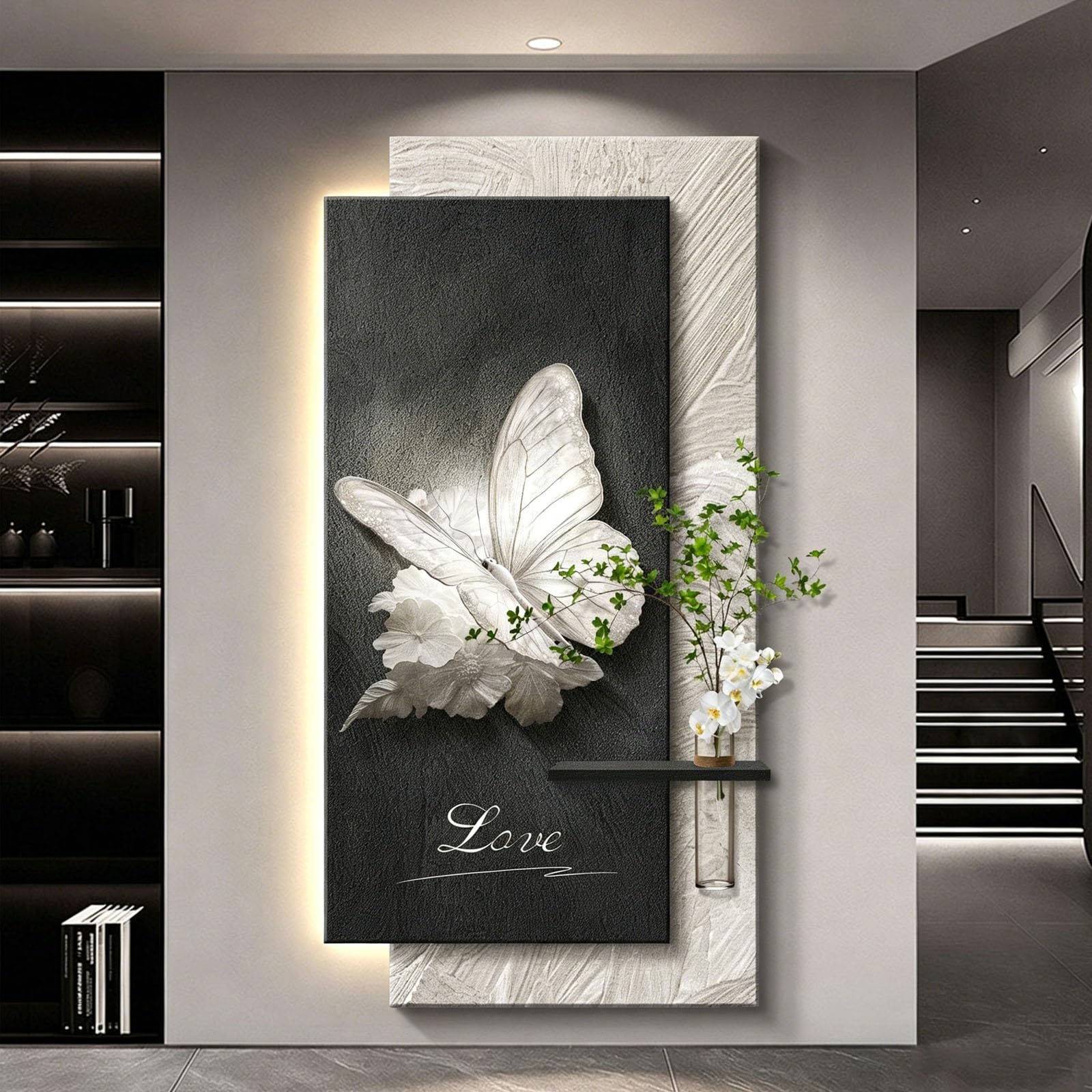 RASJCGRCOA 3D LED Wall Art Decor Lighted Butterfly Painting Modern Vertical Sandstone Texture Large Sculpture with Vase Shelf for Living Room Bedroom Hallway Entryway(D,23.6 * 47.2IN/60 * 120CM)