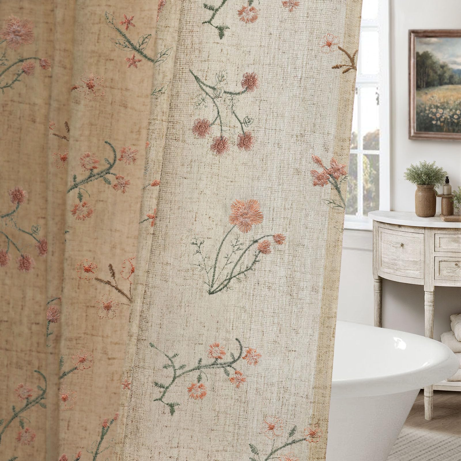 Floral Farmhouse Vintage Linen Shower Curtain Embroidered Textured 72Wx72H — image 1