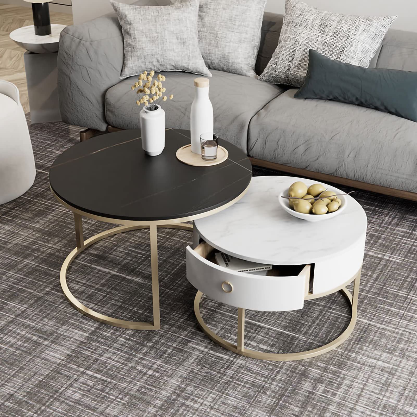 Modern Nesting Slate Coffee Table Set of 2, 24'' Stacking Coffee Accent Side Tables with Storage Drawer Nesting Tables Round Table with Marble Finish Metal Base for Small Space, Living Room,