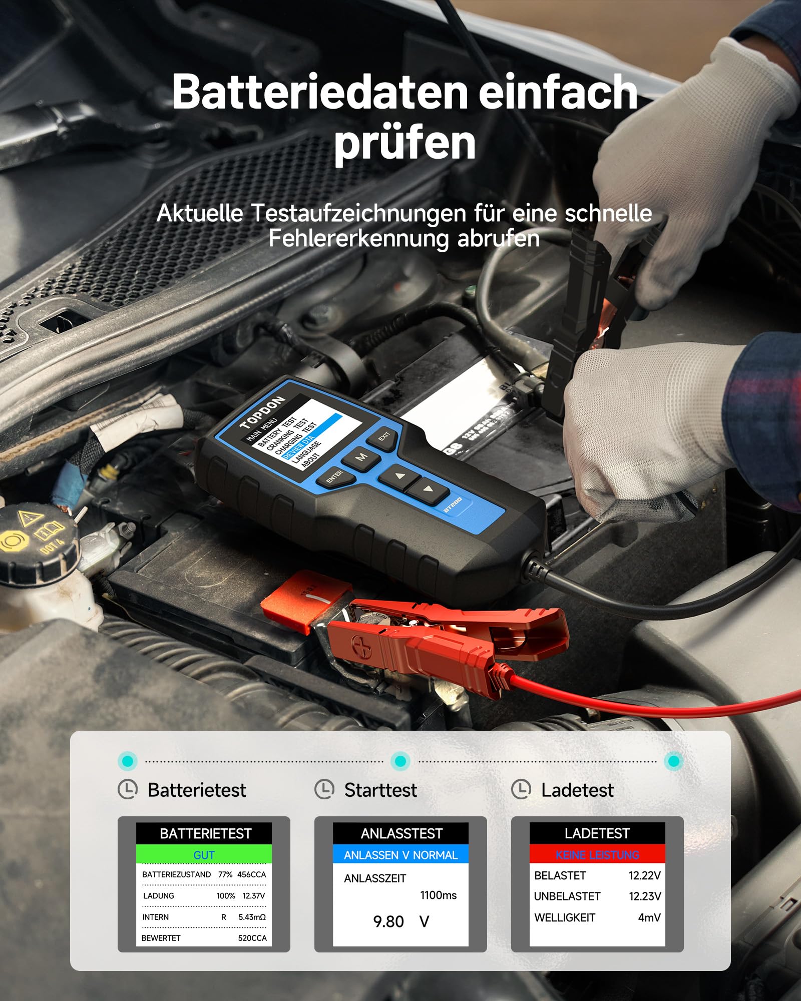 TOPDON Autobatterie Tester BT200, 12V 24V batterietester kfz 100-2000 CCA, batterie tester auto Lade-Anlasser-System Autoatterie analysator für LKW Schiff SUV Boot