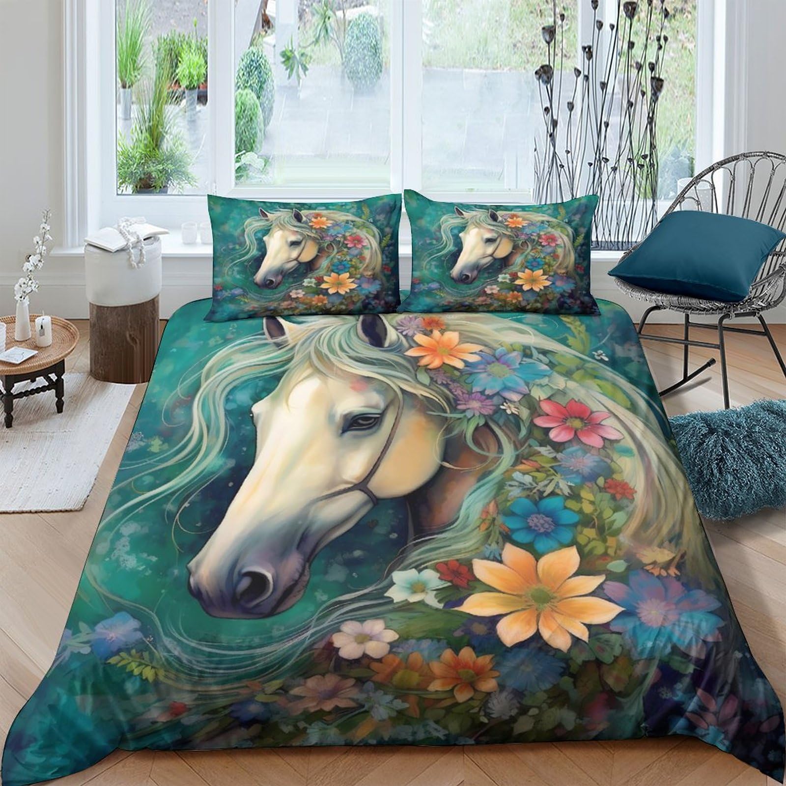 Housse de couette fleurs et chevaux 3D parure de lit 200x200cm avec 2 taies