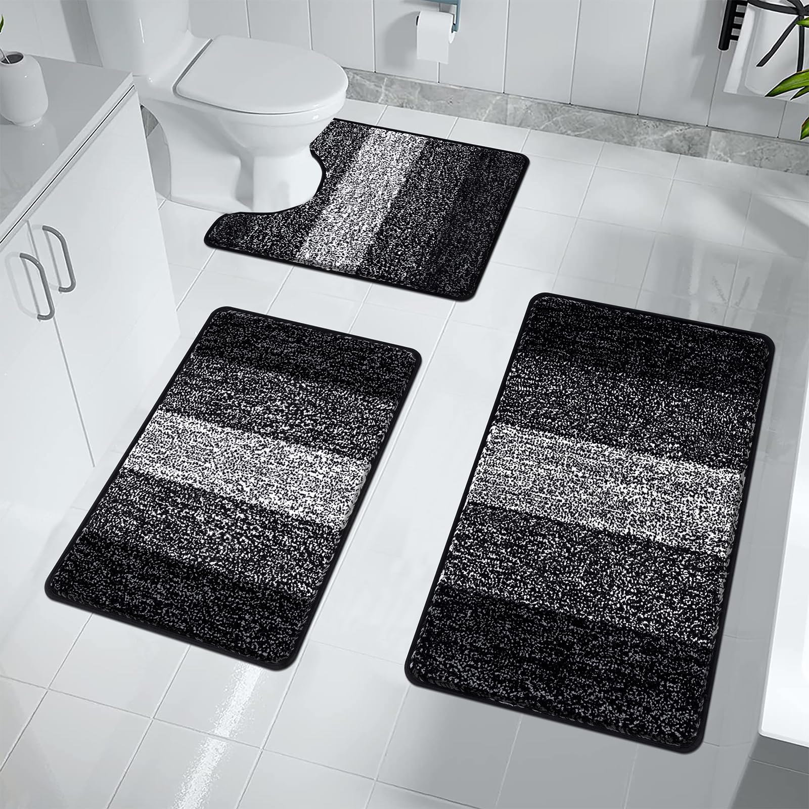 Enyhom Bath Mat Sets 3 Piece Non Slip Washable Bathroom Mat and Pedestal Mat for Toilet Soft Water Absorbent Bath Toilet Rug Floor Shower Rug，Black — image 1
