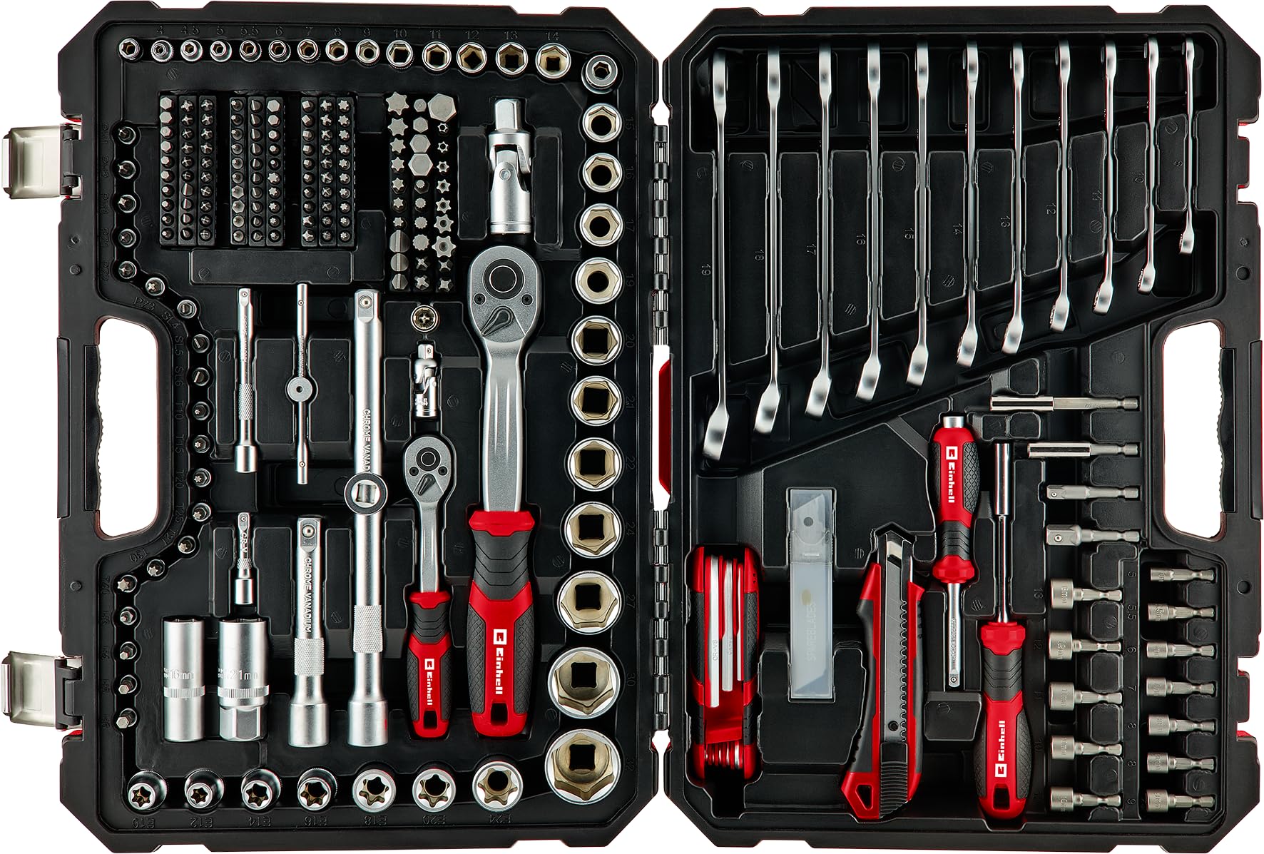 Einhell - Maletín de herramientas de 233 piezas (trinquetes, llaves combinadas, juego de brocas, enchufes, extensiones, uso versátil, compatibilidad de máquinas)