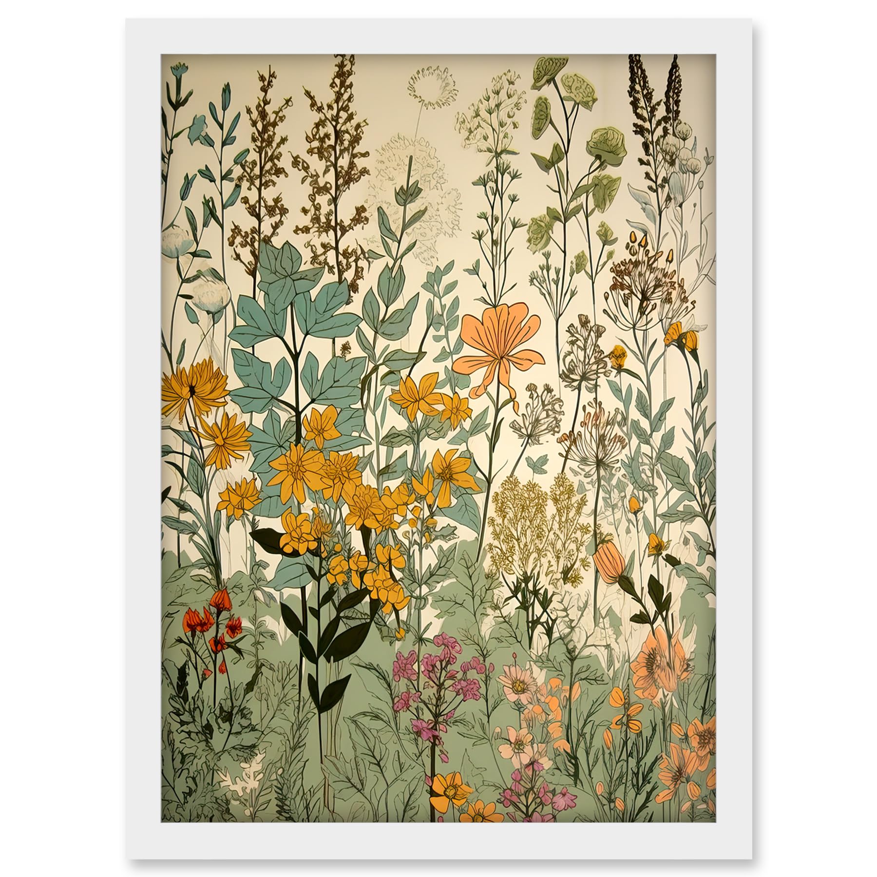 Artery8 Wildflower Vintage Botanical Painting Pastel Yellow Green Teal Pink Spring Field Artwork Framed A3 Wall Art Print