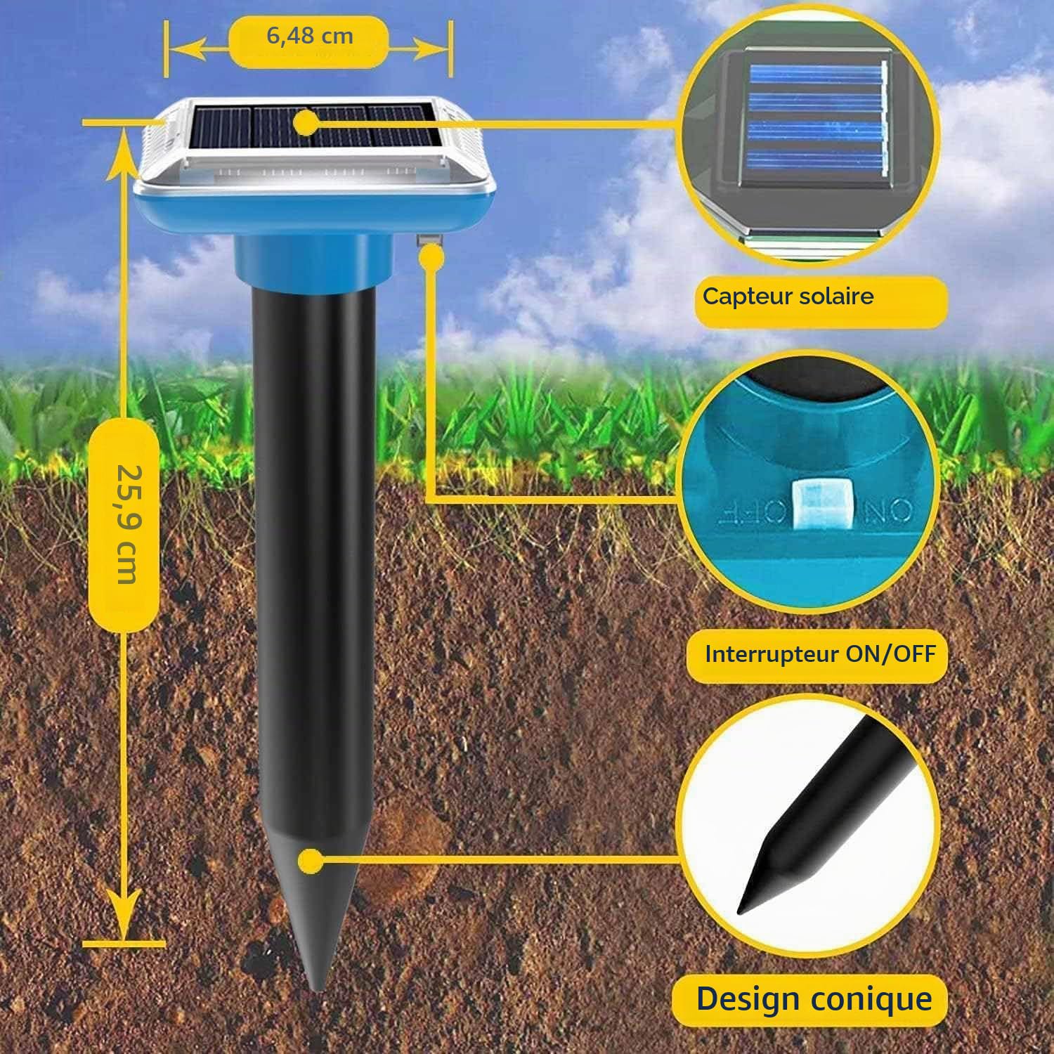 Lot de 4 répulsifs solaires Anti-Taupes - Répulsif Contre Les Taupes - Répulsif Contre Les campagnols - Répulsif à ultrasons pour Taupes