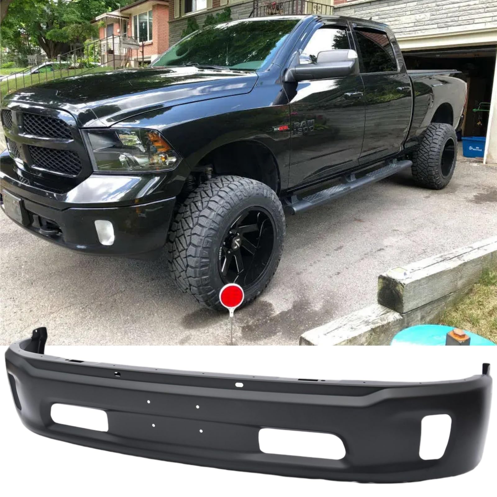 Front Bumper Compatible with 2013-2018 Dodge Ram 1500, Black Truck Automotive Steel Replacement Bumpers Face Bar, with Fog Light Holes, without Sensor Holes (Style D)