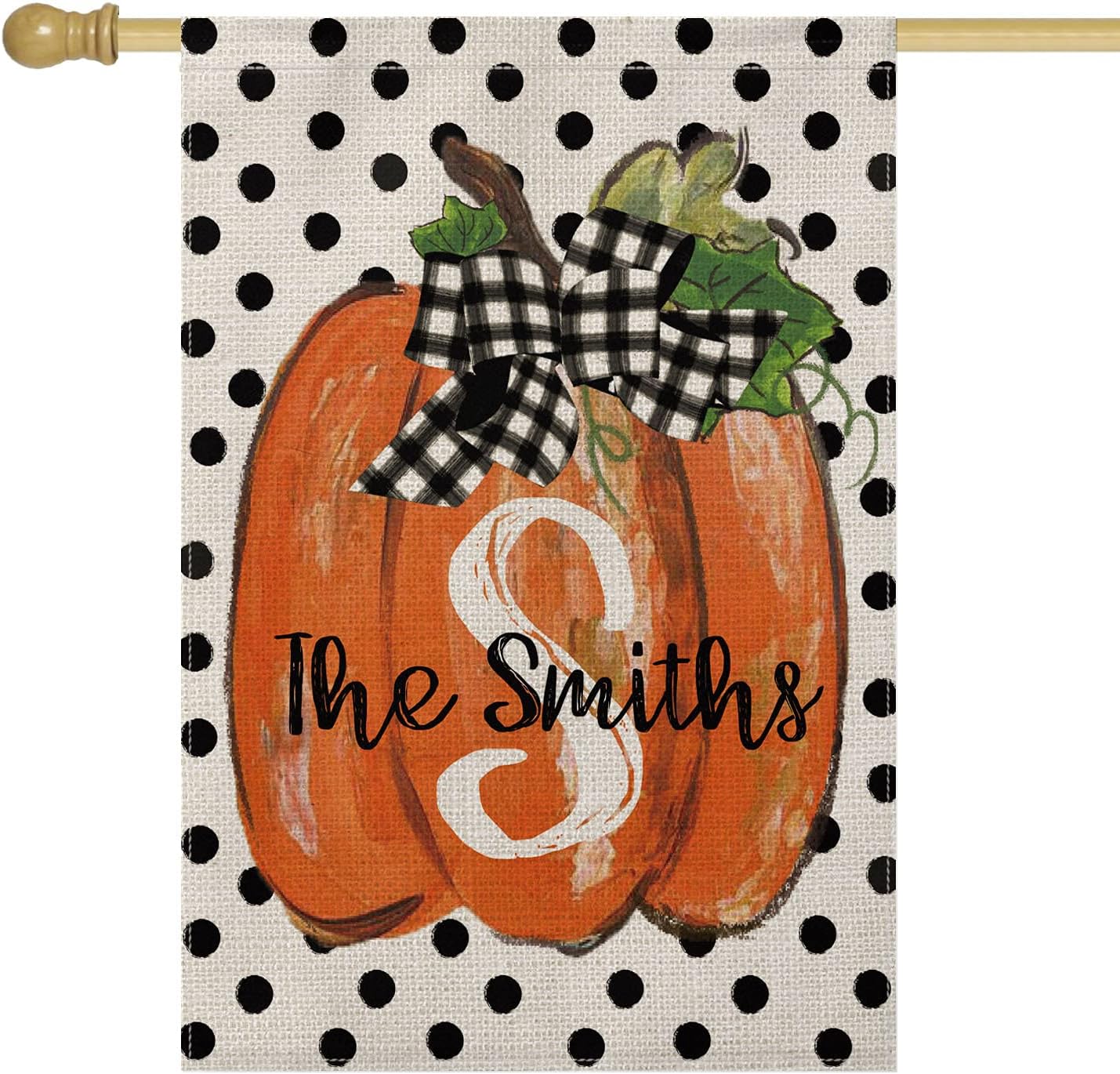 Smile Personalized Fall Pumpkin House Flag, Monogram Initial Family Last Name and Established Year, Double Sided 28 x 40 Inch Rustic Farmhouse Burlap Yard Outdoor Decoration