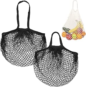 M METERXITY 2-Pack Cotton Mesh Bag, Reusable Washable Mesh Net String Grocery Bags, Reusable Produce Bags with Handle, Net Tote Bag for Fruits/Vegetables Shopping [Black, Long&amp;Short Handle]