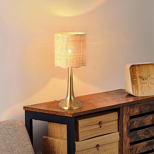 Miniatura 7 de Lámpara de mesa de ratán dorado para dormitorio, bonitas lámparas de mimbre de latón para mesita de noche, lámparas pequeñas con forma de mesa para
