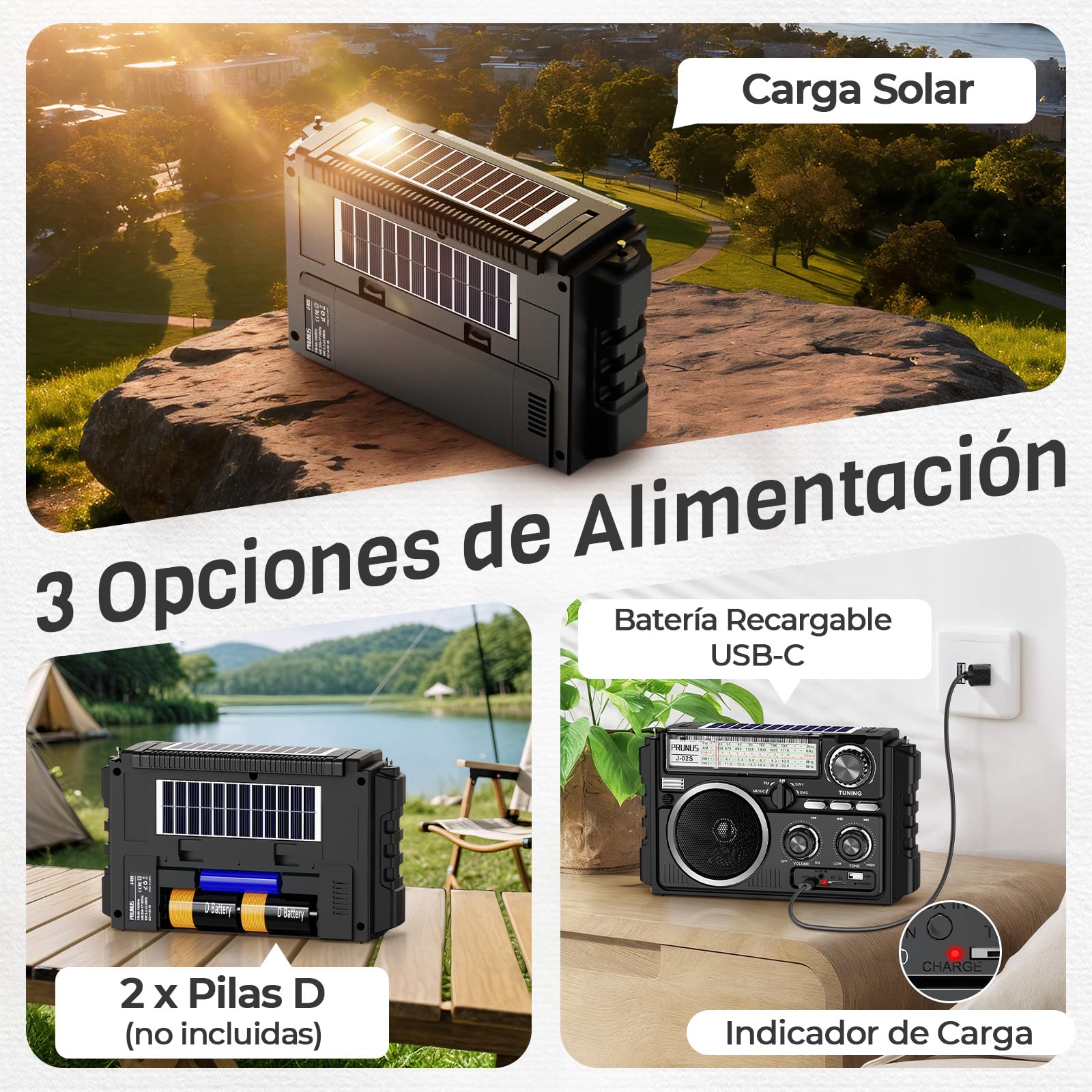 PRUNUS J-02 Radio Portatil Pequeña FM Am SW, Radio Solar y Recargable de 1800mAh, o Funciona con Pilas D, Transistores Radios con Dos Antenas, Reproductor Bluetooth/USB/TF de 5W, Fácil de Usar.
