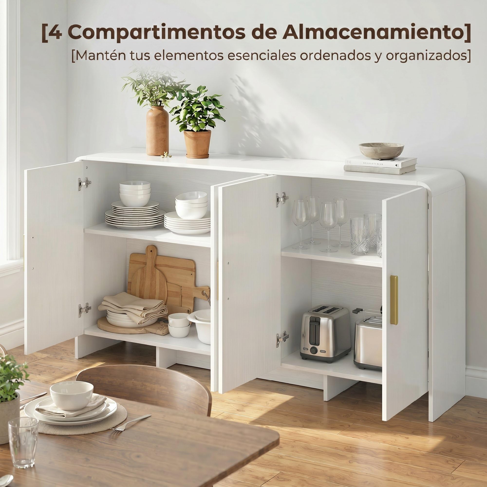 HOMCOM Aparador de Cocina, Armario de Cocina con 4 Estantes, 4 Puertas de Cierre Suave, Bordes Redondeados, Aparador para Comedor, Mueble para TV de 72 Pulgadas, 152x40x80 cm, Blanco