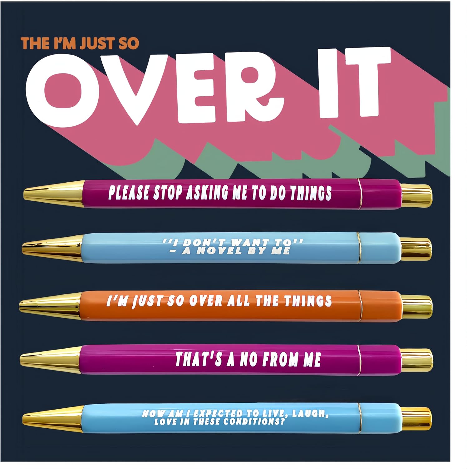 Jxueych 5 Pcs Funny Pens with Paper, Assorted Colors Retractable Ballpoint Pen, Black Ink 1.0 Mm Medium Point Quick Drying for Writing Drawing Journaling Note Taking (Over It)