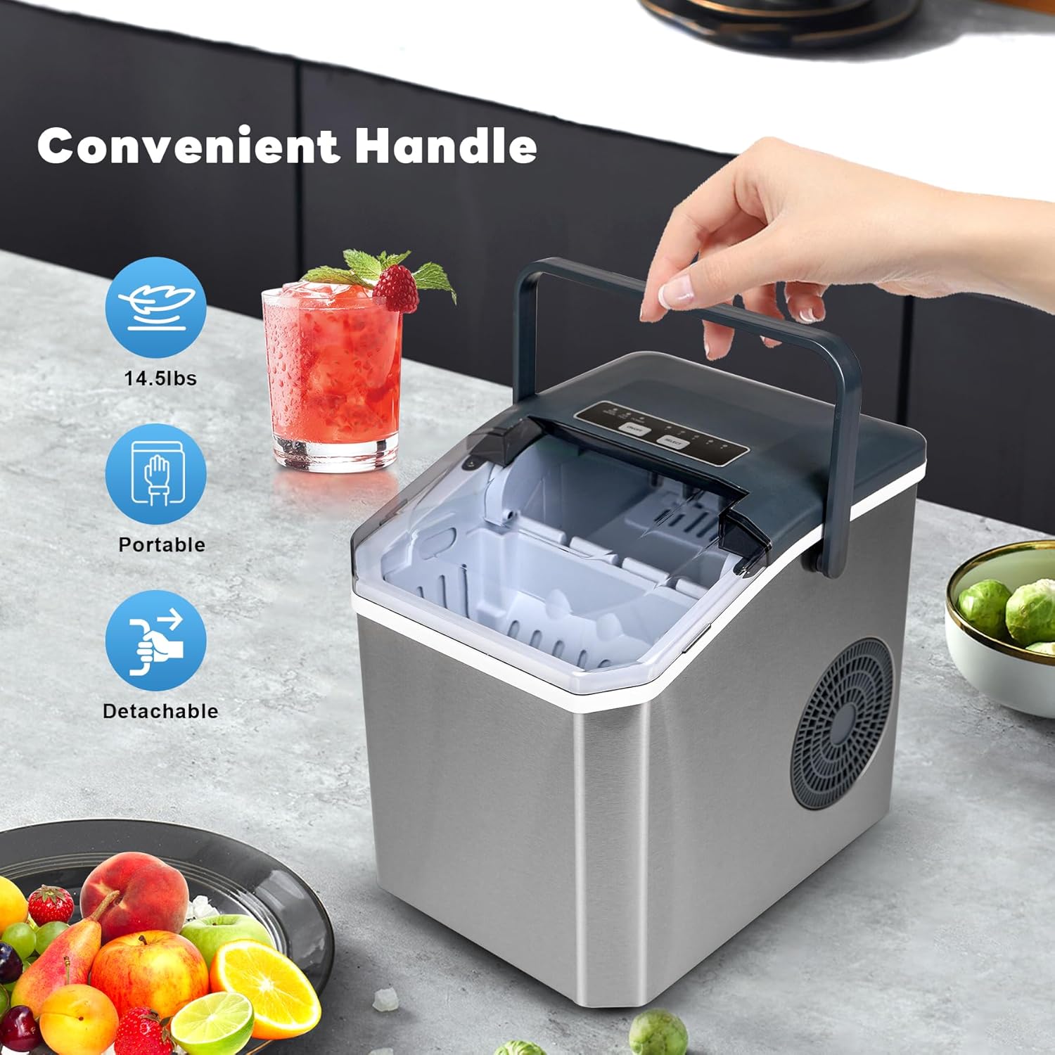 iceBlue 5 Levels of Bullet Ice Sizes Countertop Ice Maker with Handle, 9 Ice Cubes Ready in 9 Mins Ice Machine, 26.5lbs Per Day Stainless Ice Makers Countertop with Basket & Scoop for Home and Kitchen