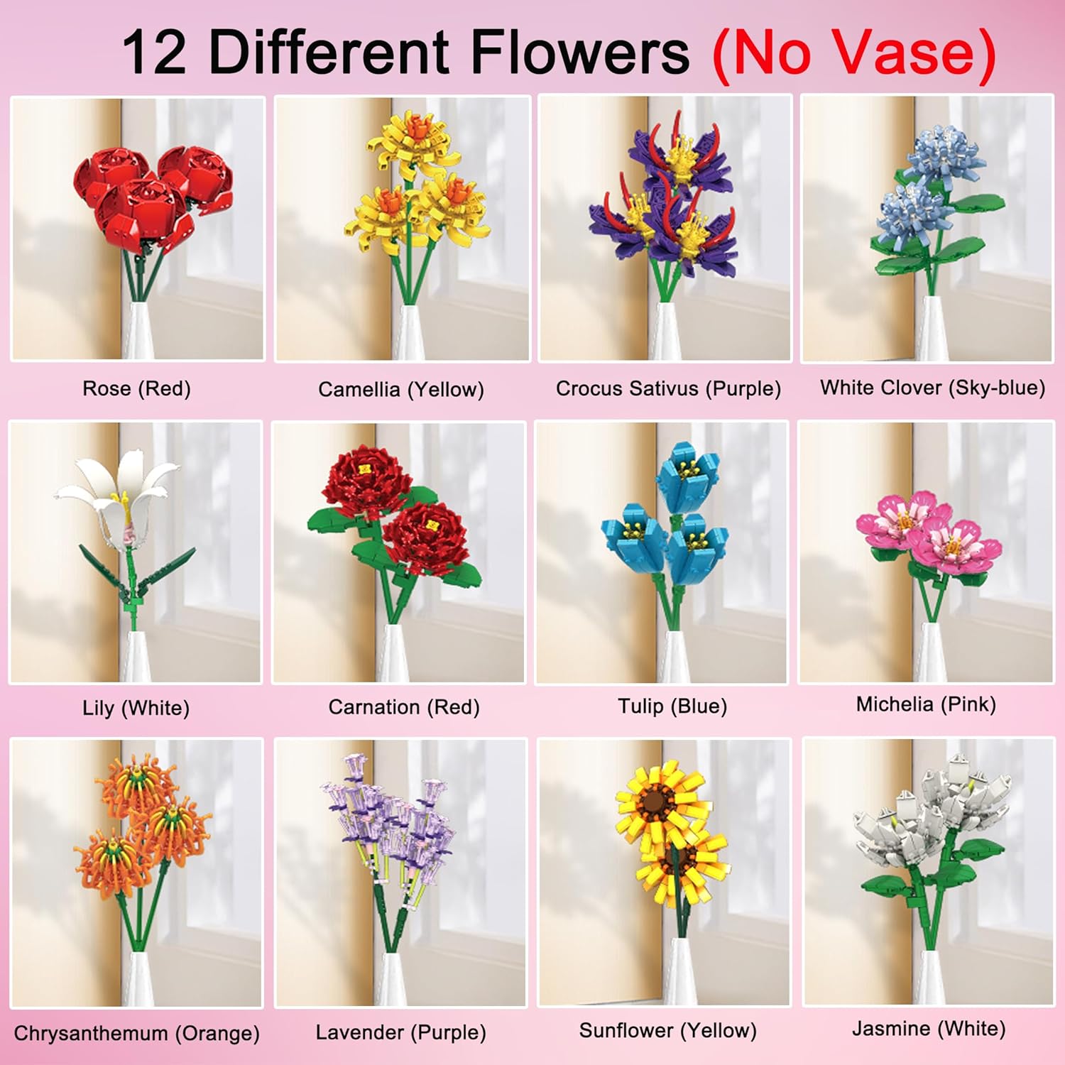 Flowers Bouquet Building Set, 12 Artificial Flowers 1064 PCS Bricks Blocks Toy for Adults, Botanical Collection Gift for Mother's Day, Valentine, Birthday, Christmas (No Vase)