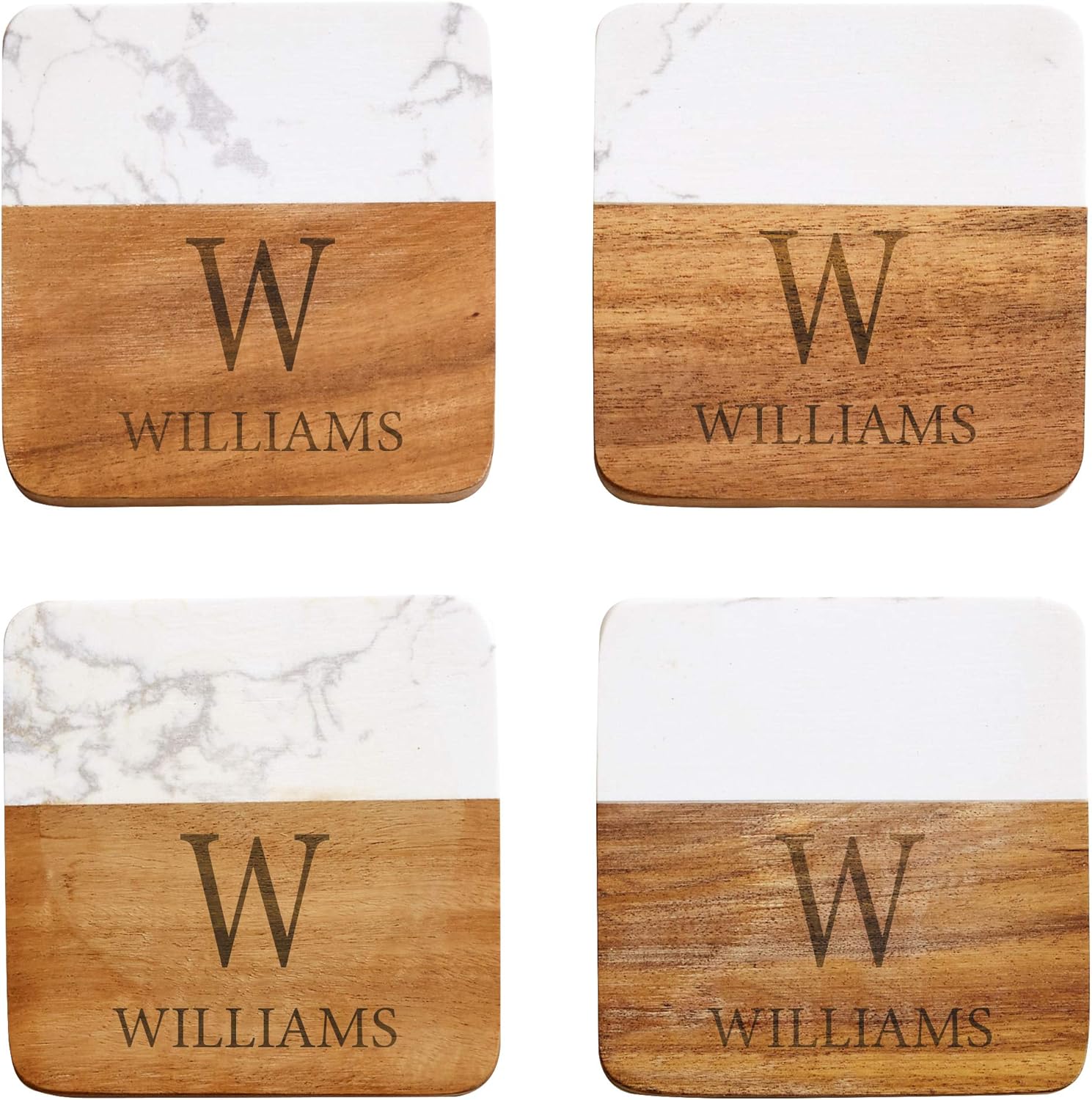 Let’s Make Memories Personalized Elegant Marble Wood Coasters - Housewarming Gift - Set of 4 - Each 4” Square - Customized with Name and Initial