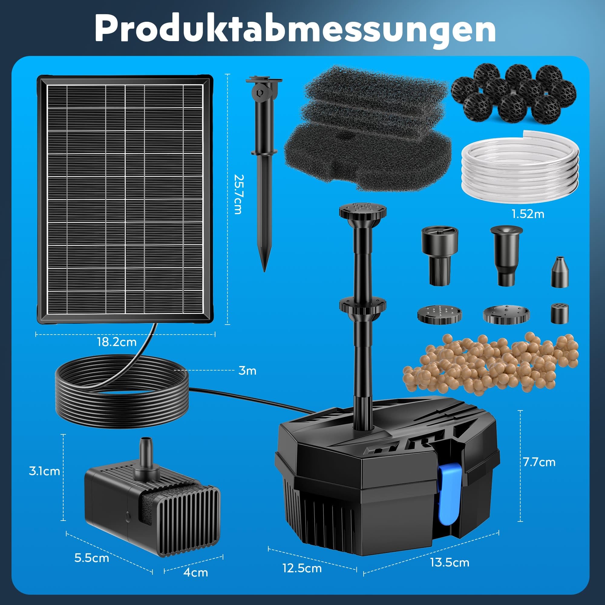 Biling - Filtro de estanque solar de 8W con batería y 10 boquillas, bomba de estanque solar con filtro para estanques claros de hasta 500L, bomba de filtro silenciosa para mini estanque de jardín
