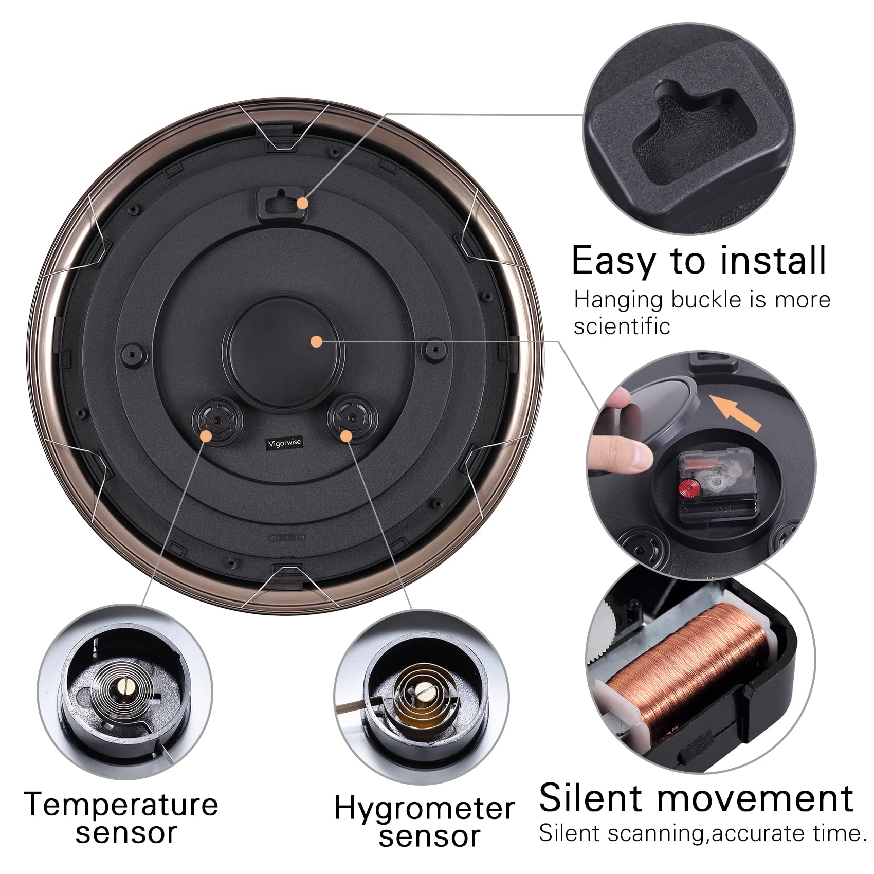 Vigorwise 16 inch Outdoor Wall Clock, Metal Waterproof Wall Clock with Temperature & Humidity, Large Non-Ticking Wall Clocks, Silent Wall Clock for Patio Garden Bathroom