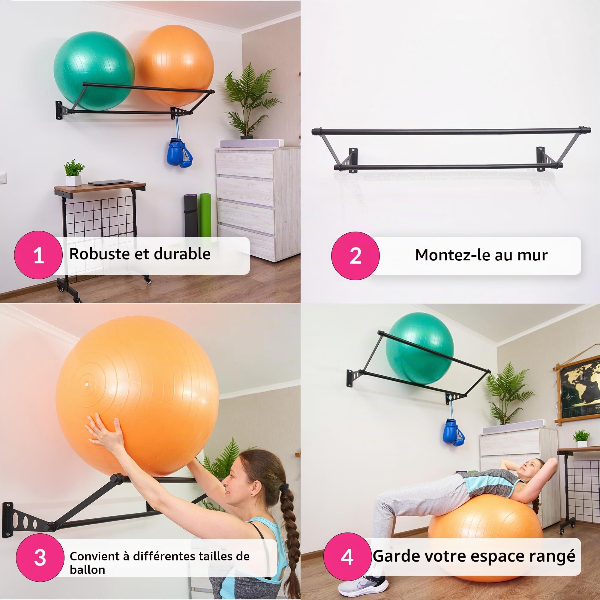 Support Pour Ballons D'exercice | Organisez Vous | Mural De Yoga | Support Pour Ballons De Fitness Stabilité | Pour Gym, Studios, Gym À Domicile | Noir Mat