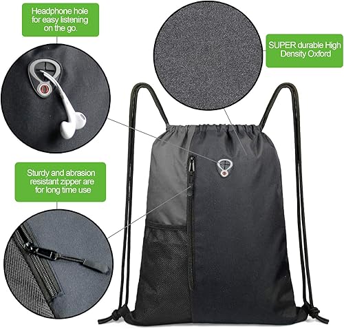 Miniatura 5 de Mochila con cordón, con estilo deportivo, bolsa de gimnasio para mujeres, hombres y niños, bolsa de gran tamaño con zíper y bolsillos de malla para