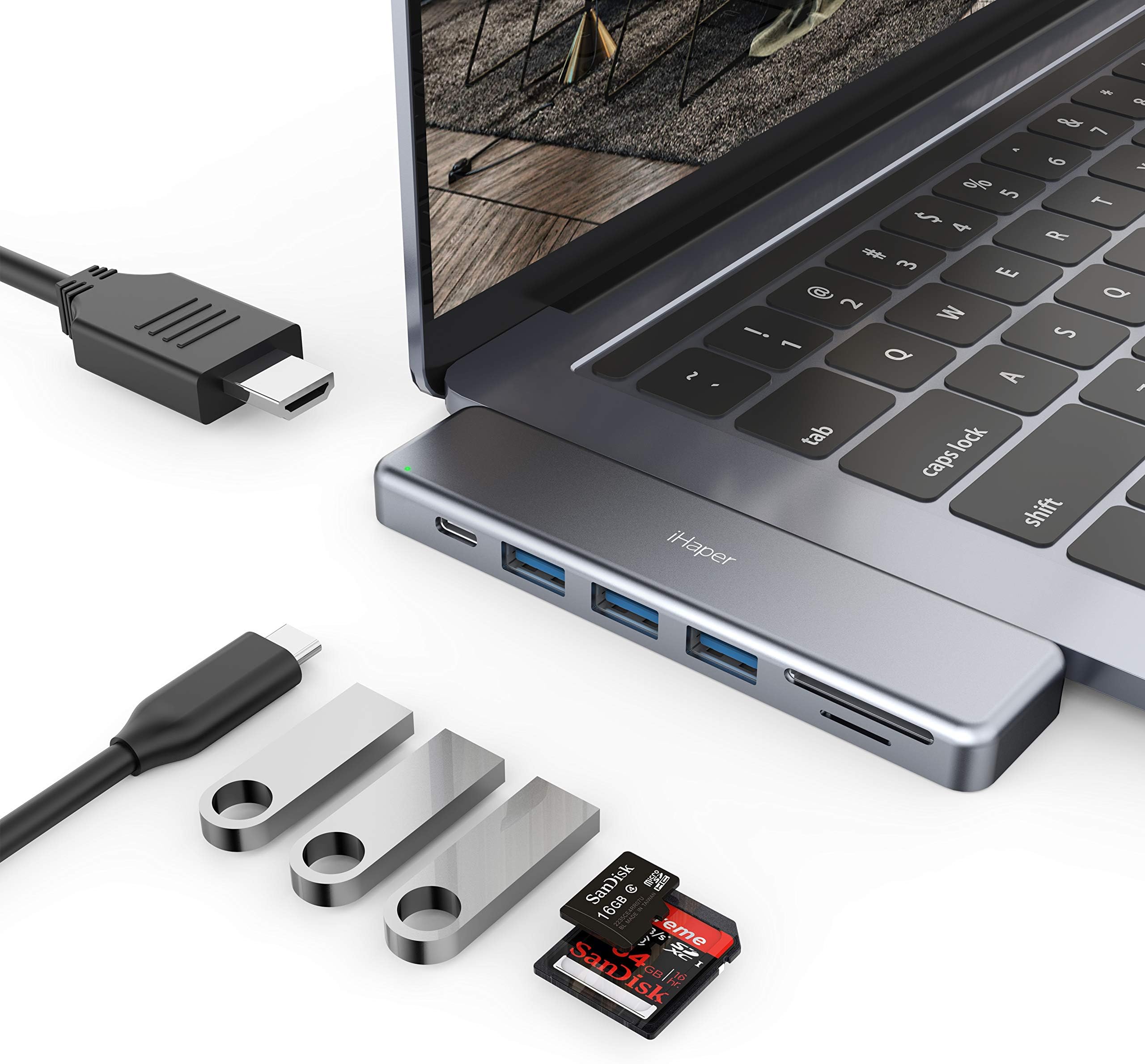 iHaper C001 USB C Hub, 7-in-2 Duo Type-C Thunderbolt 3 Adapter with 4K USB C to HDMI, 100W PD, SD/TF Card Reader, 3 USB 3.0, for MacBook Pro 2018/2017/2016, MacBook Air 2018