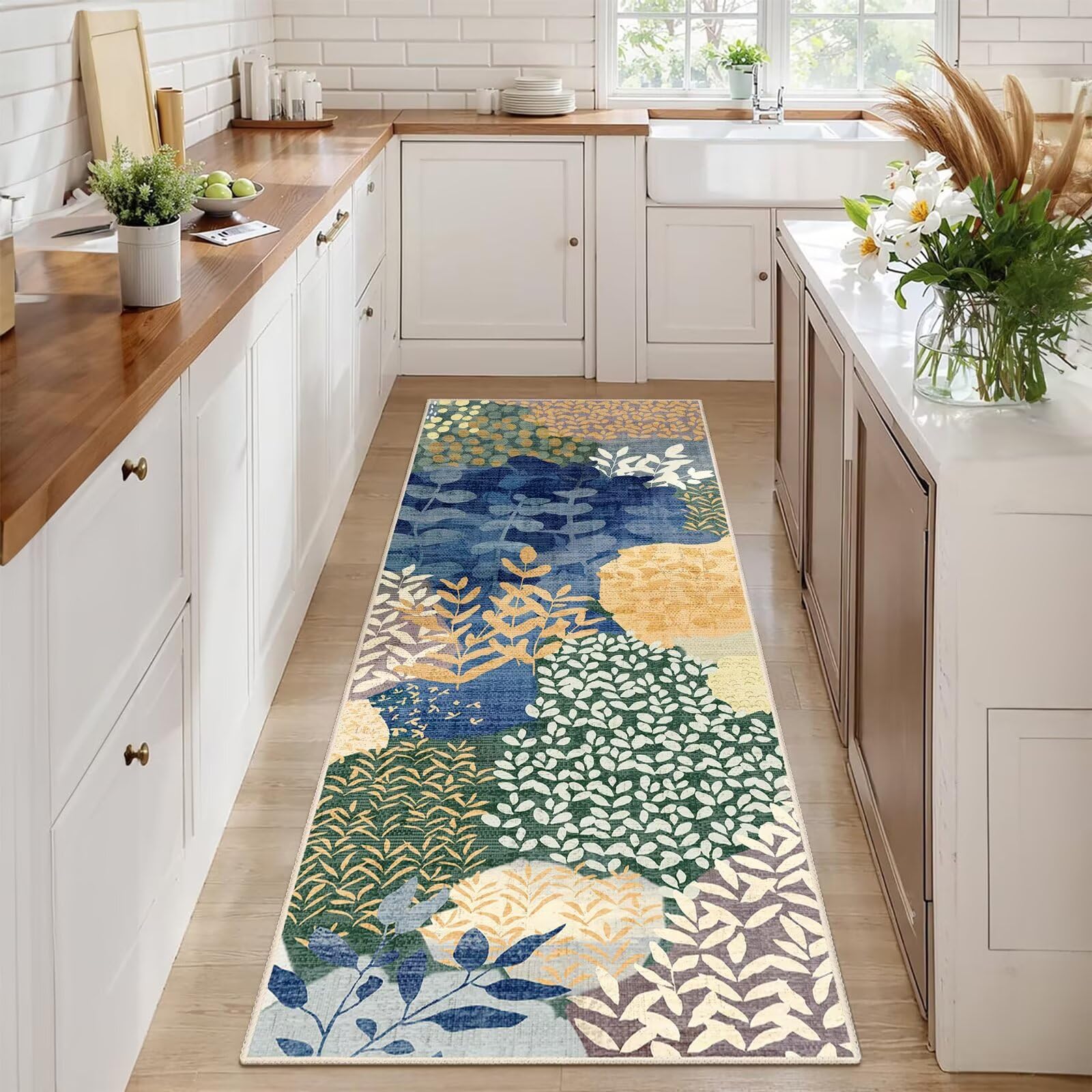 DEXDE Runner Rug 2x6 Washable Hallway Boho Soft Area Rugs Abstract Long Non Slip Botanical Leaves Floral Print Carpet for Entryway, Kitchen, Laundry,