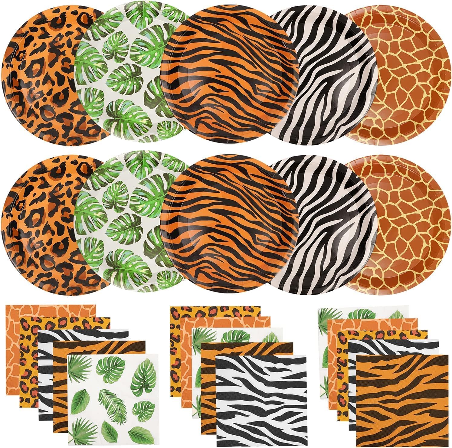 100Pcs Jungle Safari Wild Animal Party Supplies Disposable jungle zoo animal Print Paper Plates and Napkins for Birthday Party, Baby Shower and jungle safari theme party decorations