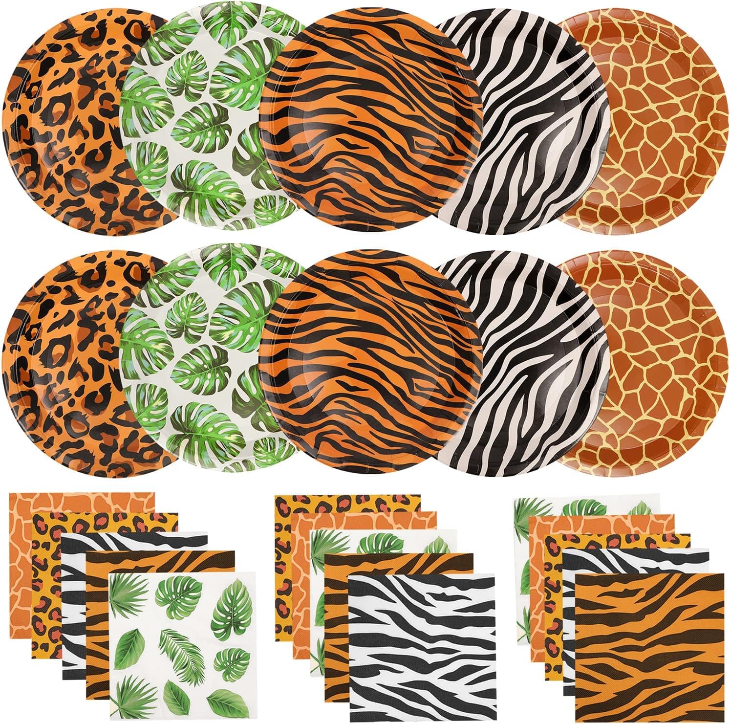 WIQEDOHA 100Pcs Jungle Safari Wild Animal Party Supplies Disposable jungle zoo animal Print Paper Plates and Napkins for Birthday Party, Baby Shower and jungle safari theme party decorations