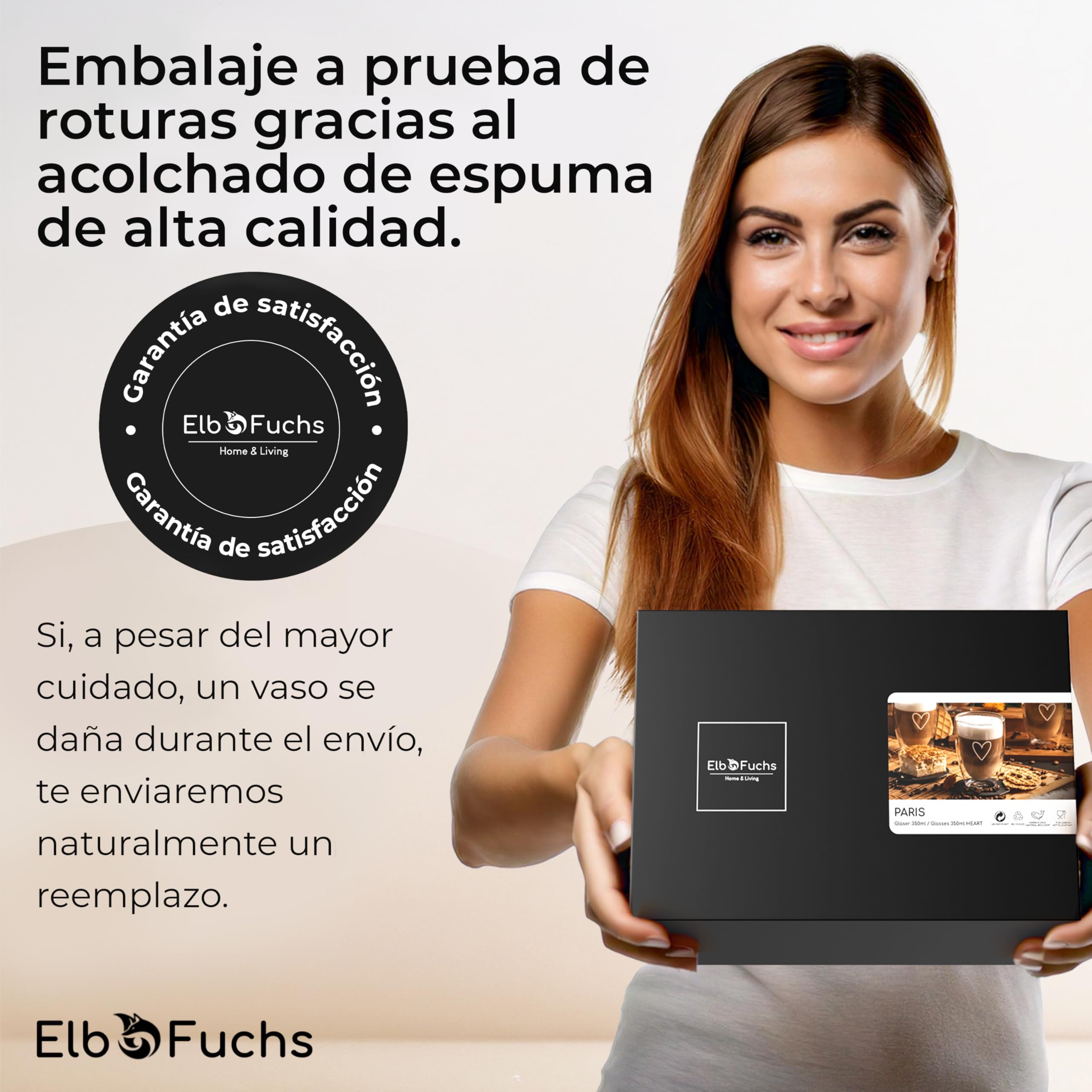 ElbFuchs® Vasos de cristal de doble pared Latte Macchiato [4×400 ml] vasos térmicos transparentes con cucharillas – para cappuccino, café & té