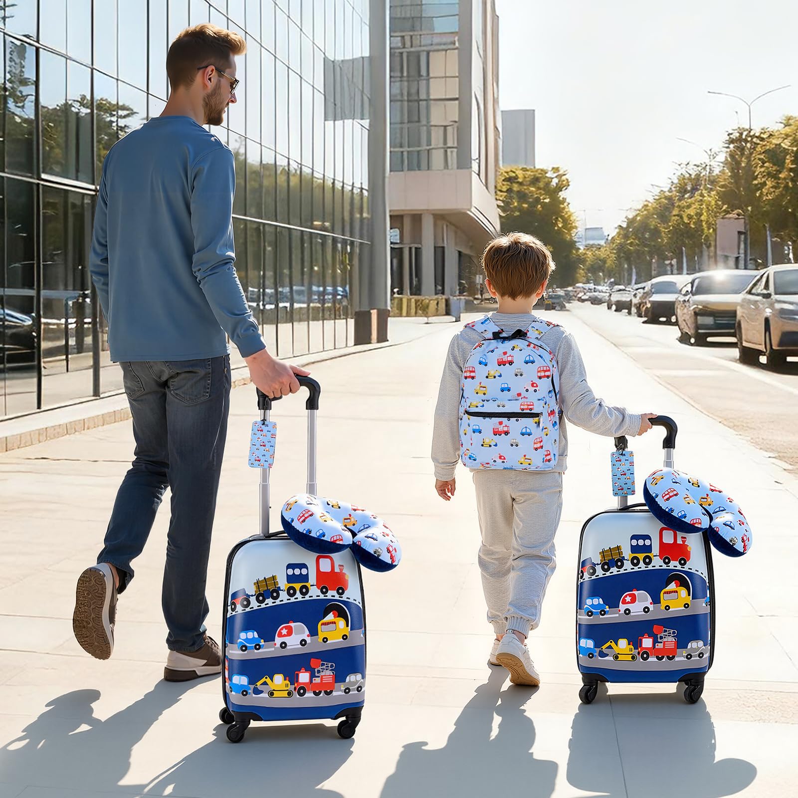 VEVOR Juego de Maletas para Niños 5 Piezas, Maleta de Cabina 45,7 cm, Mochila con Cojín Cervical, Bolsa para Comida y Etiqueta de Equipaje, Camión Azul, Equipajes Infantiles para Viaje Escuela Camping