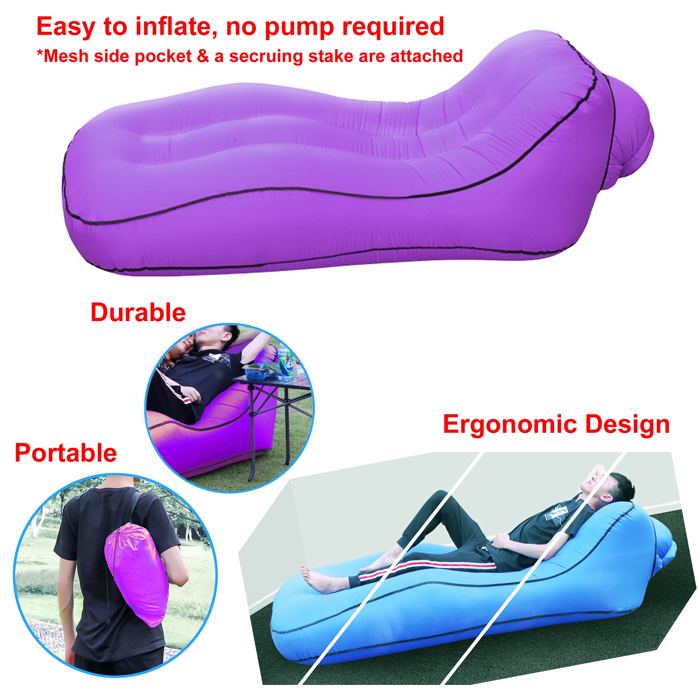 iBIREMS Inflatable Lounger Air Sofa – Portable, Lightweight, Inflatable Couch, Ergonomic Design, Easy Inflation, Beach, Hiking, Camping, Swimming Pool, Picnic, Traveling (Purple)