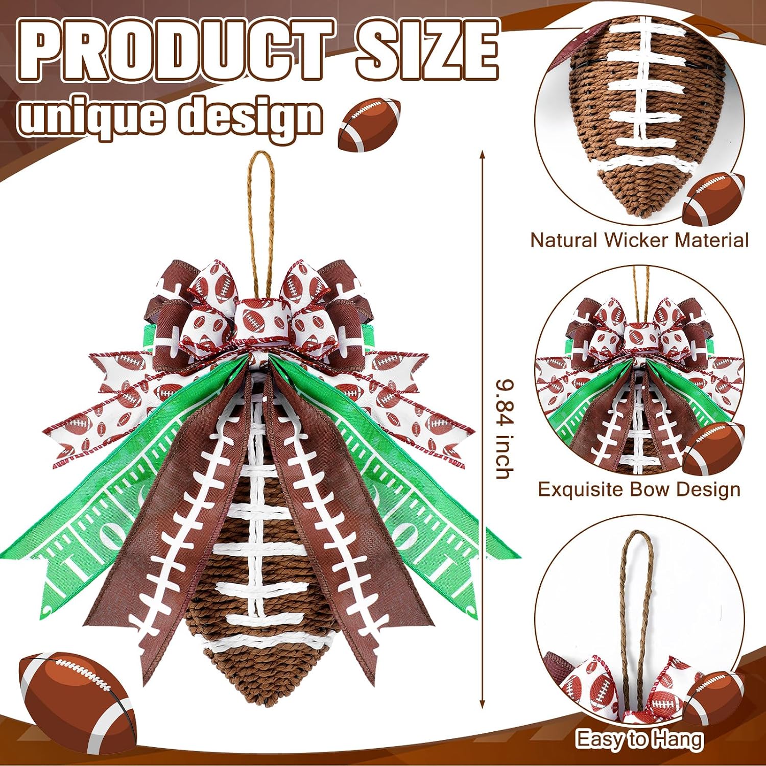 Lyrow 1 Pcs Weave Football for Front Door Decorations Rattan Football Wreath Hanging Door Sign Decor Farmhouse Rustic DIY Craft Project for Home Game Day Club Party Supplies image 3