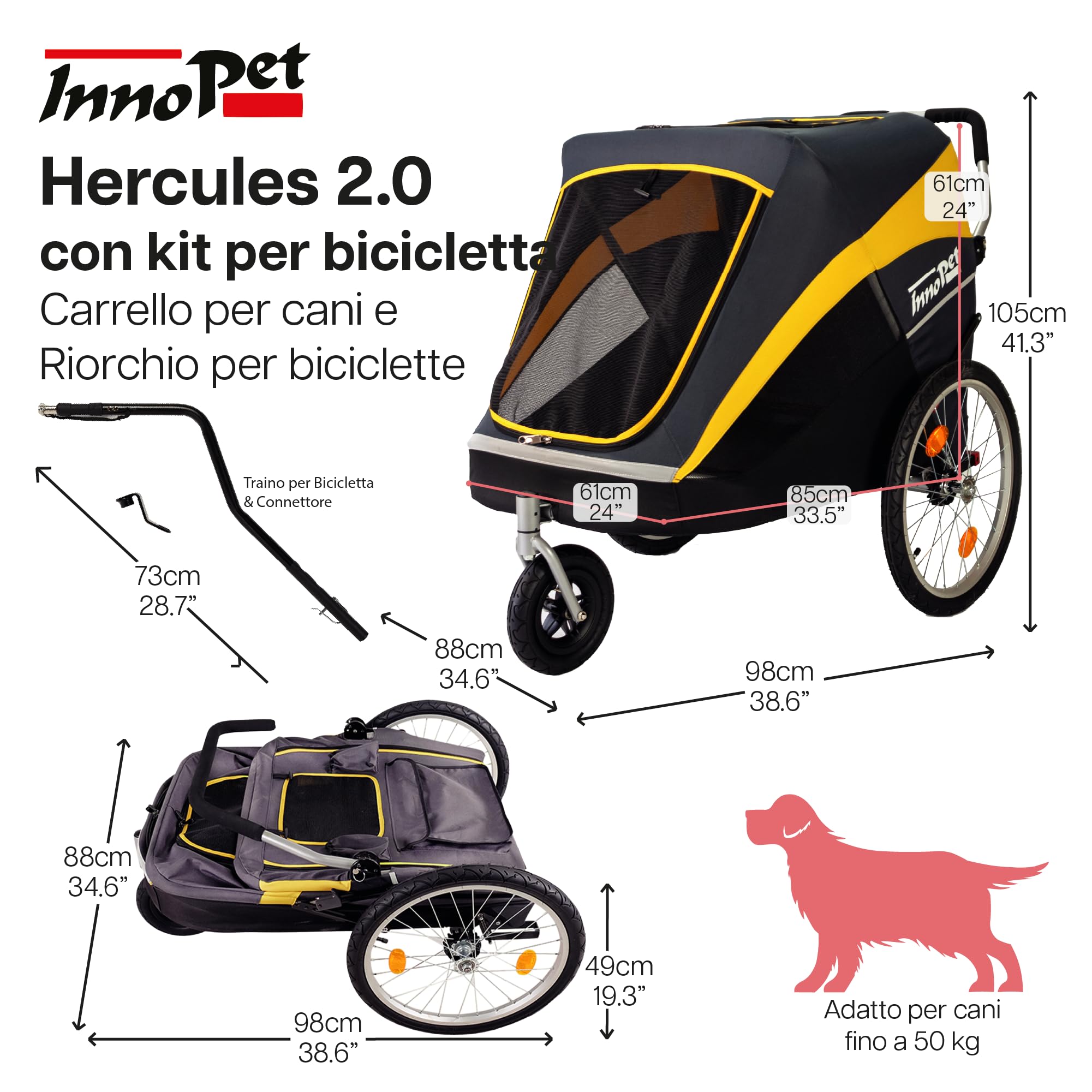 Innopet Hercules 2-in-1 Dog Stroller and Bike Trailer Giallo/Grigio - Passeggino per cani di grossa e rimorchio per bicicletta con barra di traino - Pneumatici da 20 pollici - Copertura antipioggia