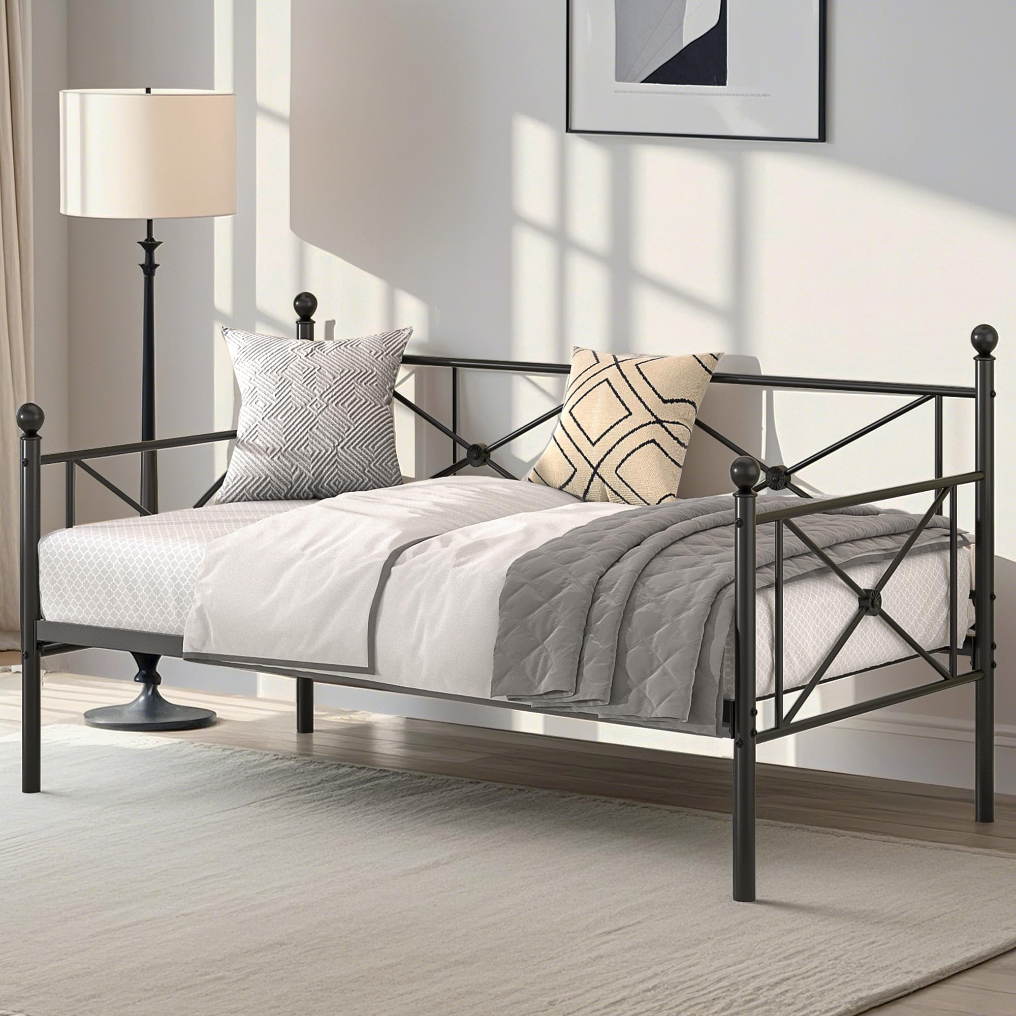 VECELO Twin Daybed with Headboard, Heavy-Duty Metal Slats Support, Sofa Bed Platform Mattress Foundation for Living Room, Guest Room, Easy Assembly,