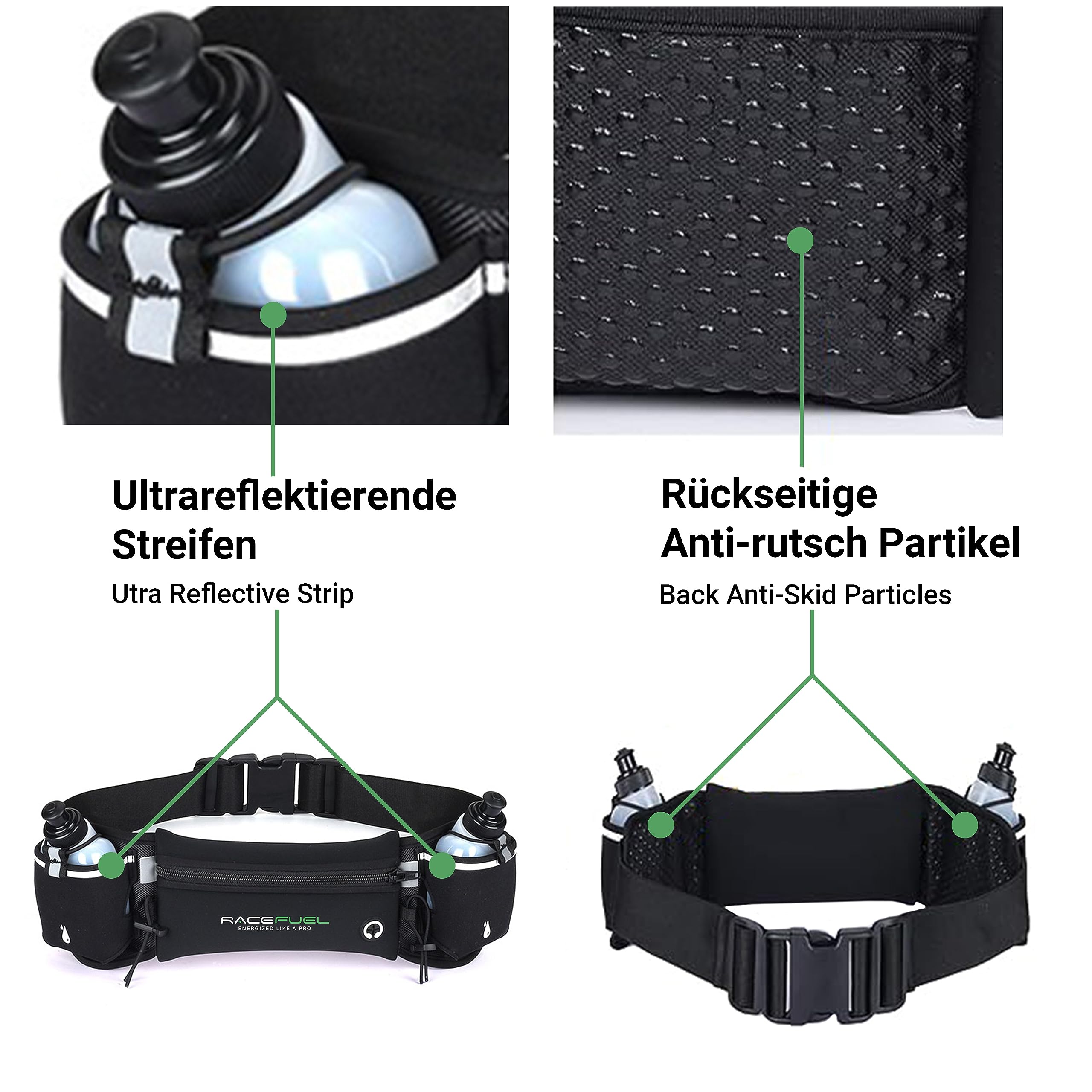RACEFUEL Laufgürtel Trinkgürtel Gürteltasche Inclusive 2X 200ml Trinkflaschen, wasserdicht, mit Fach für Handy, ideal für Triathlon, Laufen, Fahrradfahren (schwarz)
