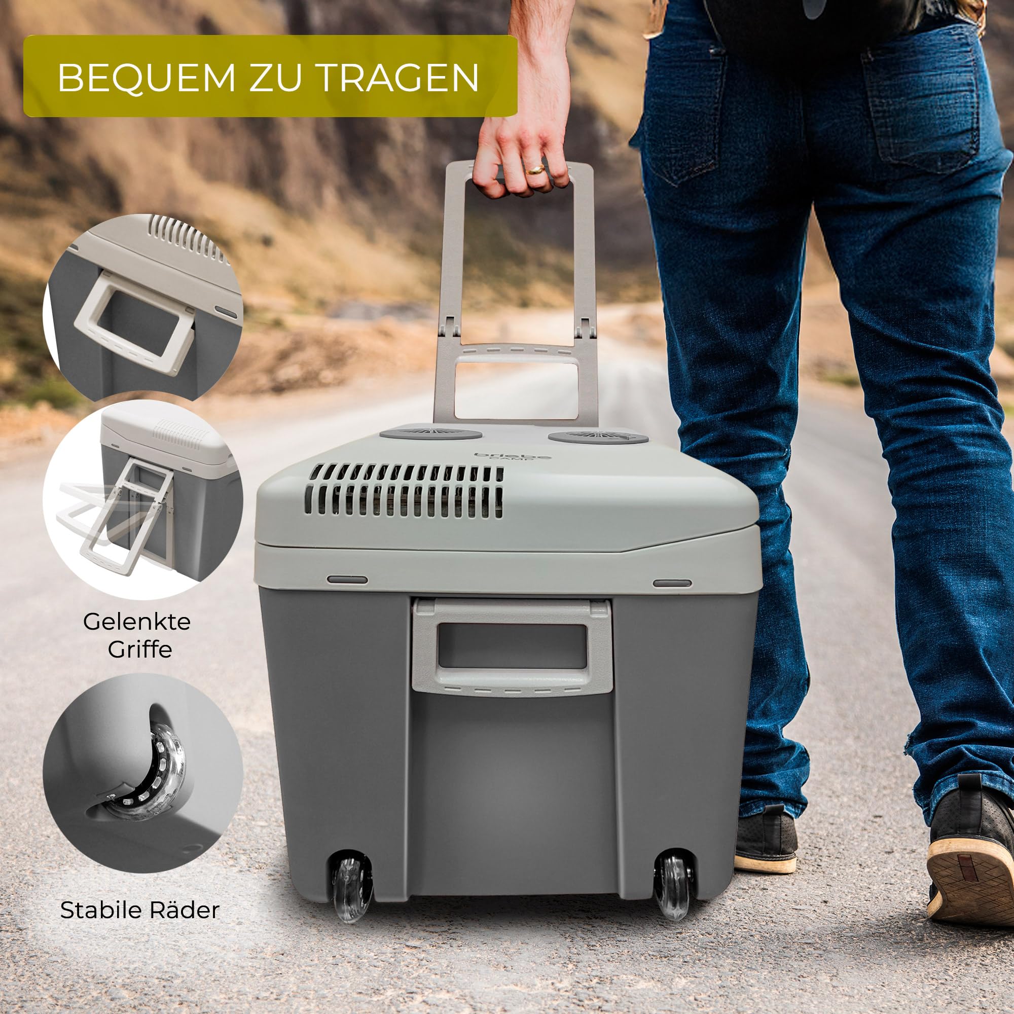 briebe Tragbare Elektrische Kühlbox für Reise, Auto, Camping, 12 V/220 V, Fassungsvermögen 40 L, Räder, Kühlung, Hält Warm, Energiesparend (Grau)