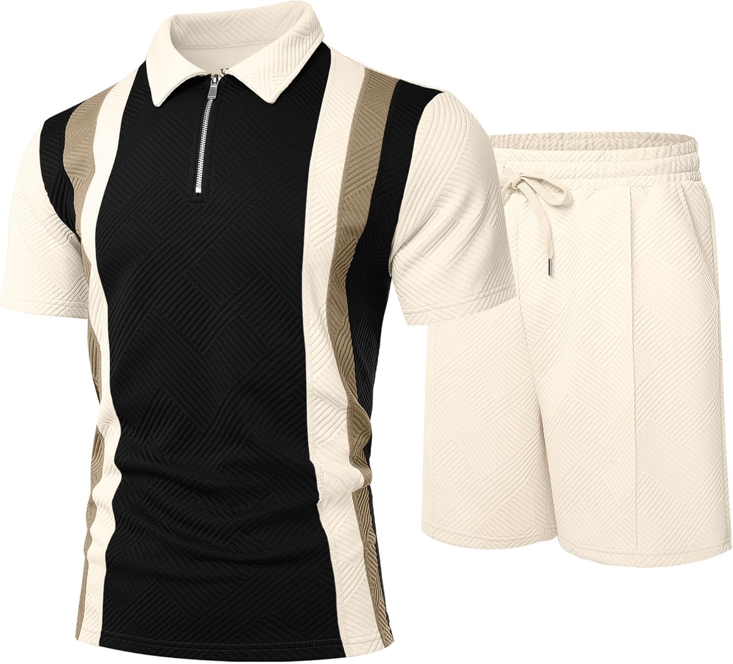 UOUA Mens Summer Track Suits 2 Piece Shorts Sets Short Sleeve Sweatsuit Outfits 1/4 Zip Golf Polo Splicing Striped Shirts