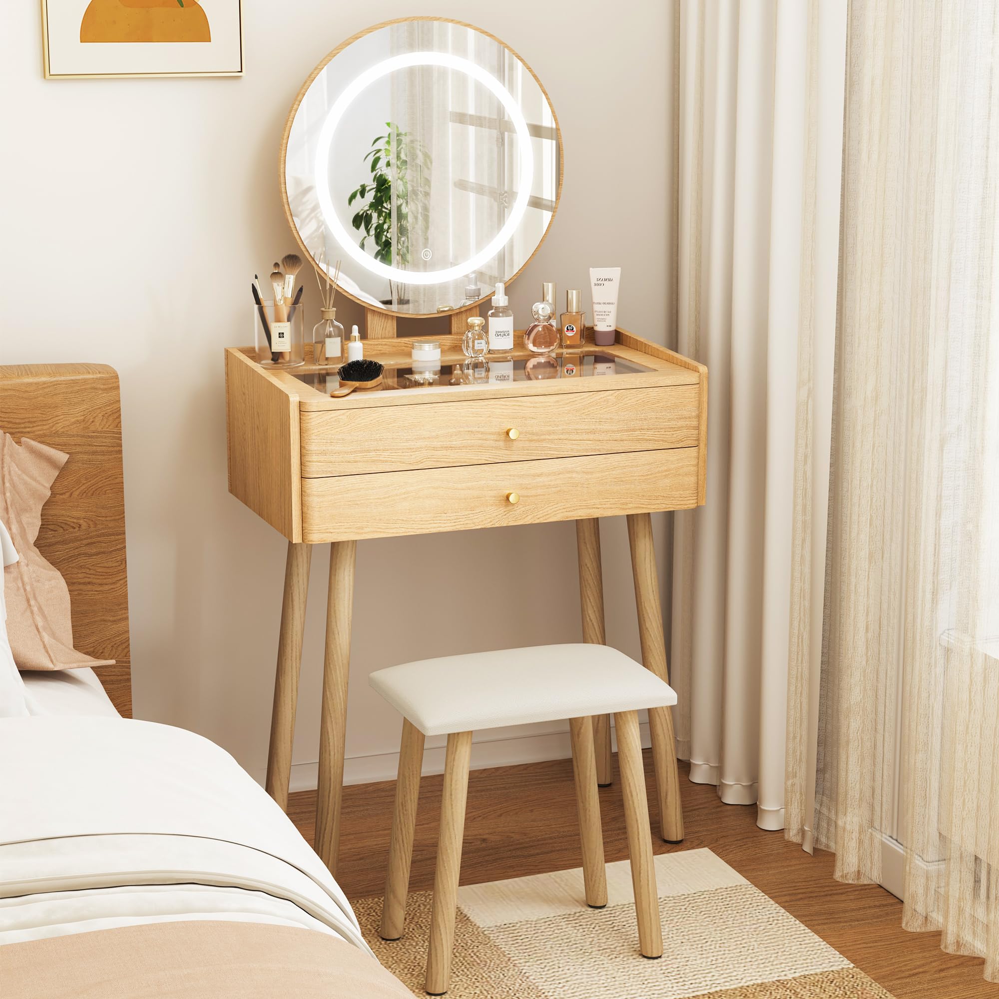 Pamapic Schminktisch, Schminktisch mit Verstellbarem LED Beleuchtung & Gepolstertem Hocker, Frisiertisch mit Sichtglasplatte Für Das Schlafzimmer, Natur