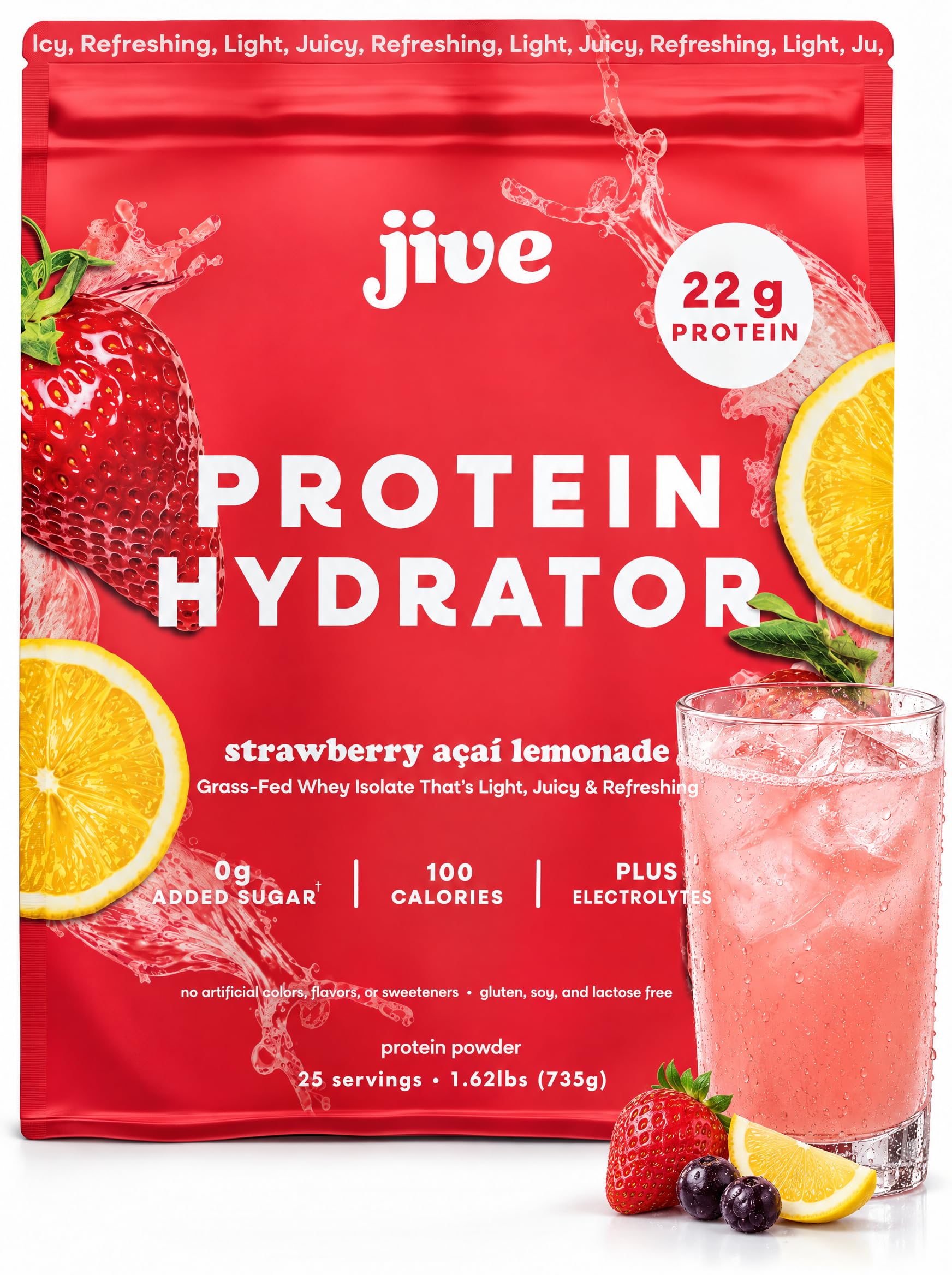 Jive Proteína Isolada de Whey para Nutrição Esportiva, 22 g, 895 mg de eletrólitos, sabor Strawberry Acai Lemonade, 25 porções, 726 g