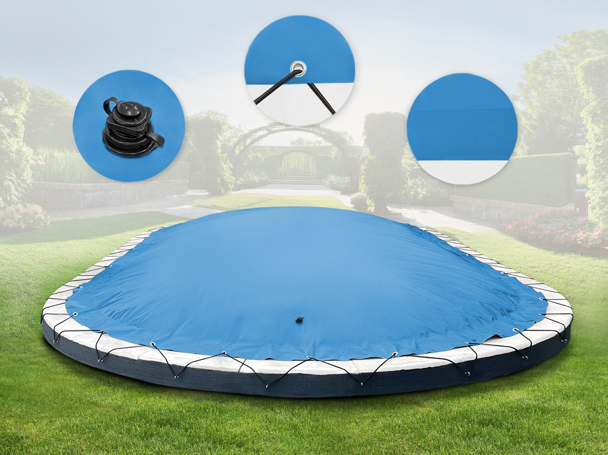 ANKO PLANEN Cubierta de Piscina Hinchable Ovalada – Lona de Cobertura Premium para Piscina – solución Ideal para el Invierno AirDeluxe (6,00m x 3,20m, Azul Claro)