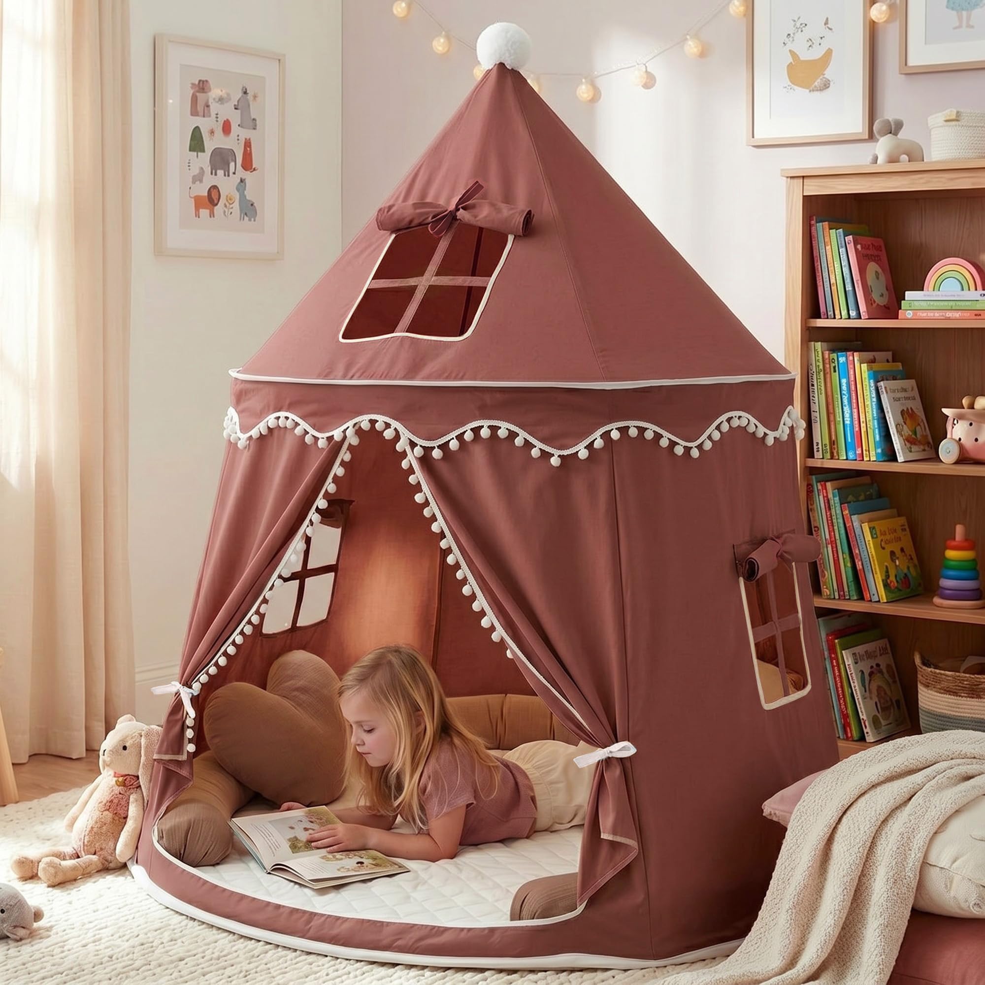 ALRITHO Play Tent for Children (Fairy Pink), Made of Soft Silky Cotton Fabric, 1 Entrance & 3 Windows (TripleAir Effect), Includes Bag & Floor Mat, Sturdy Playhouse, Teepee for Boys and Girls