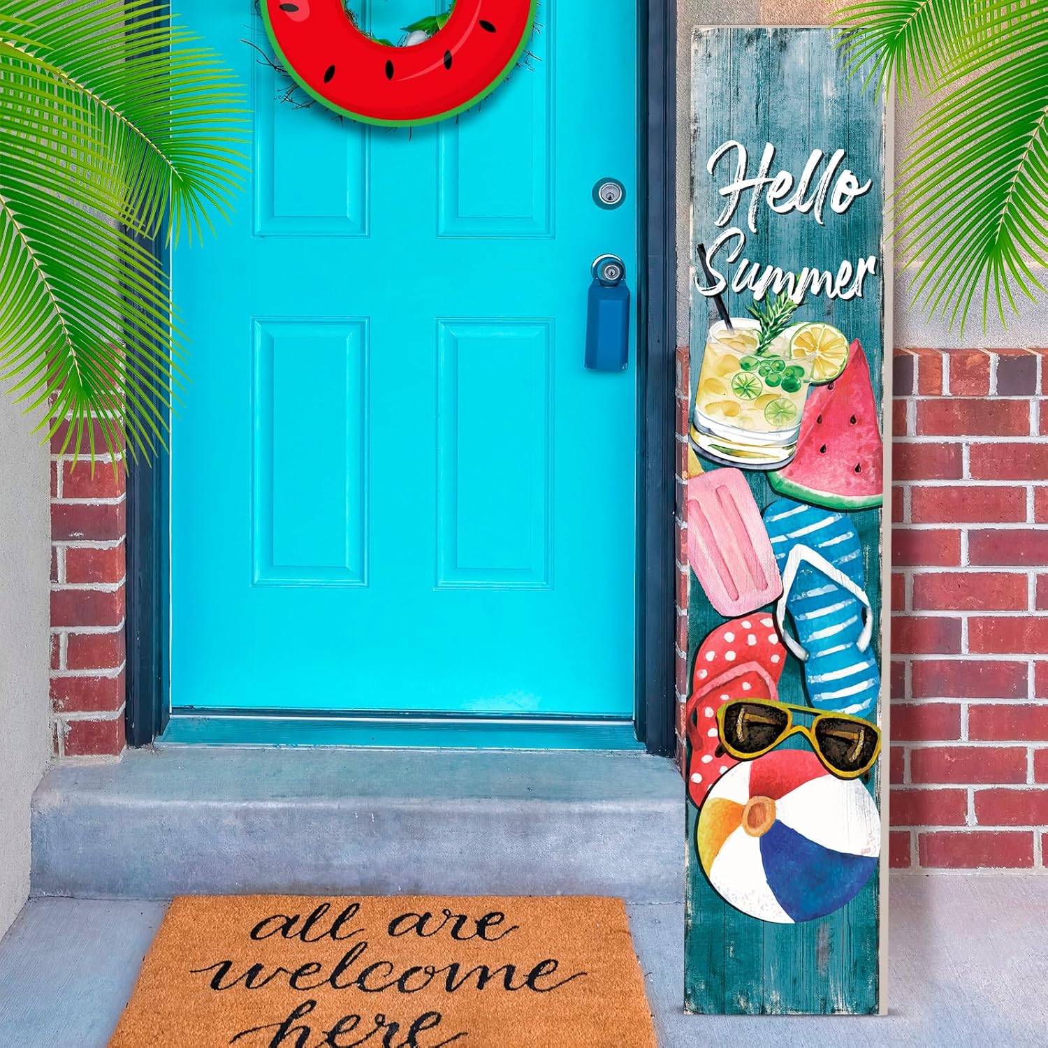 Hello Summer Porch Sign Wooden Summer Sign for Front Porch Vertical Welcome Door Decor Rustic Watermelon Sunglasses Front Decor for Farmhouse Door Decoration 47" H