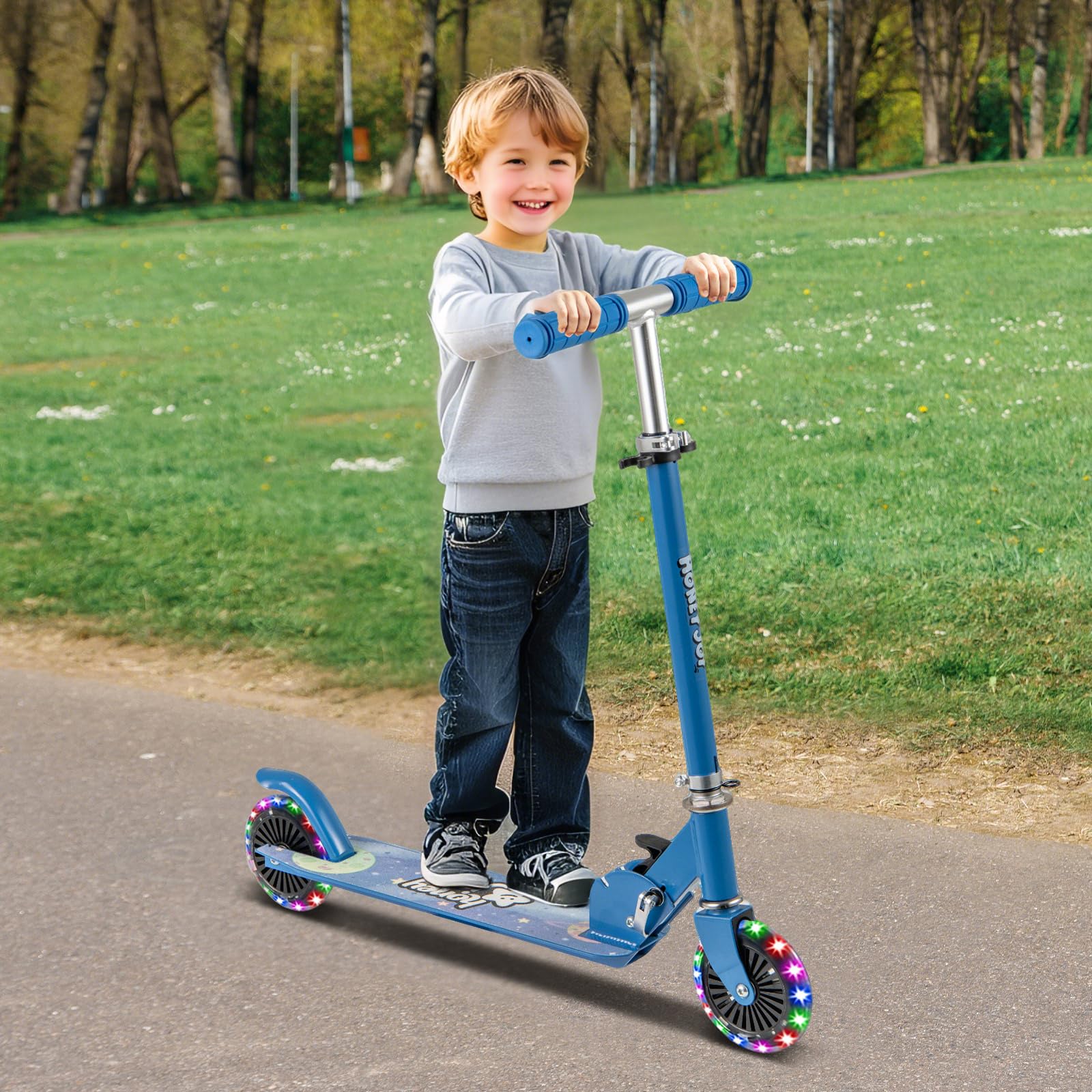 KOMFOTTEU Trottinette Enfant 3 Ans+, 2 Roues ABEC-5 | Planche à roulettes Pliable ,LED et Frein, 3 Hauteurs réglables, Scooter Charge 50 kg
