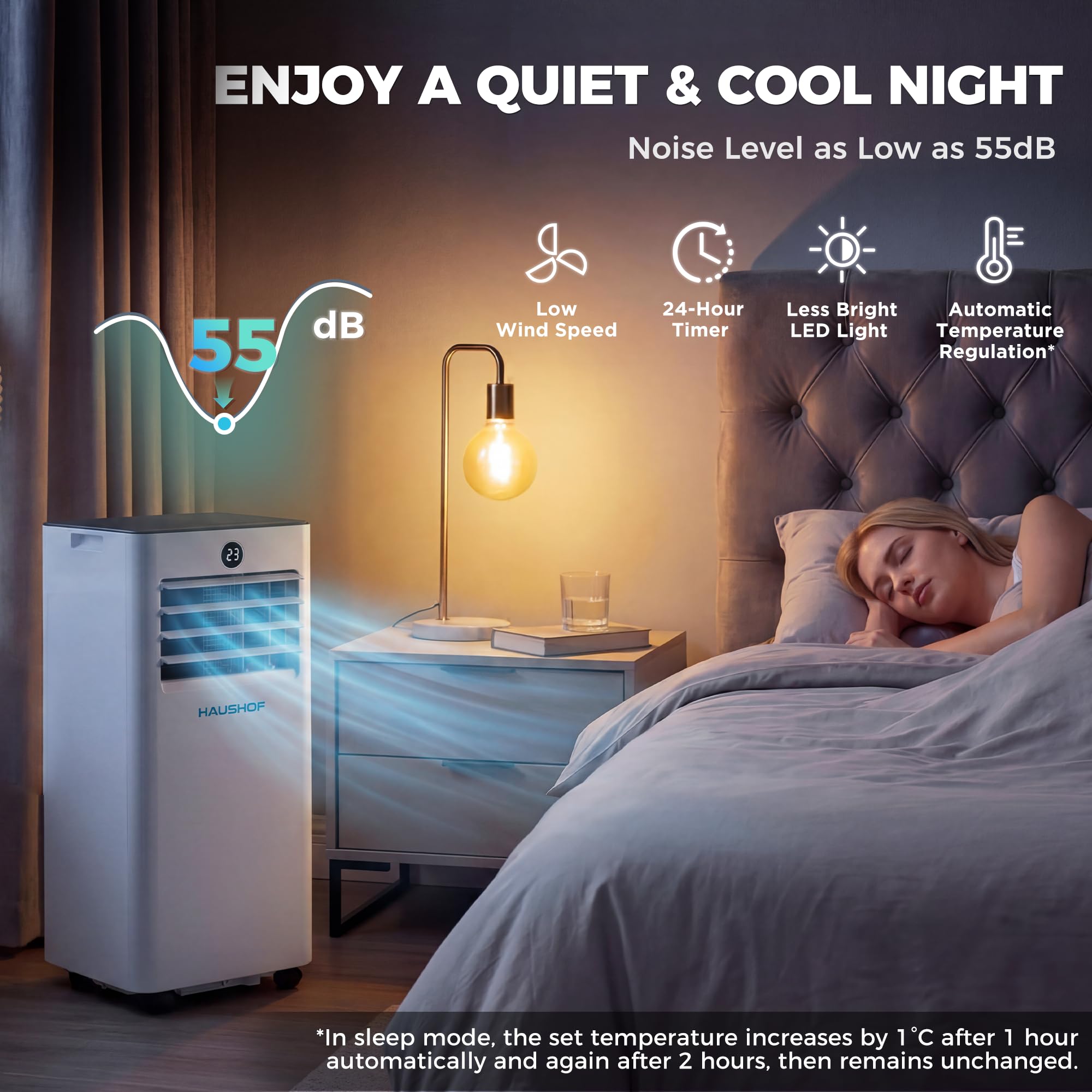 HAUSHOF Przenośny klimatyzator 9000 BTU, 4 w 1 z wężem powietrza wylotowego i osłoną izolacyjną, chłodzenie/osuszanie/wentylacja/tryb nocny, 330 m³/h, z zestawem uszczelek okiennych, do pomieszczeń do