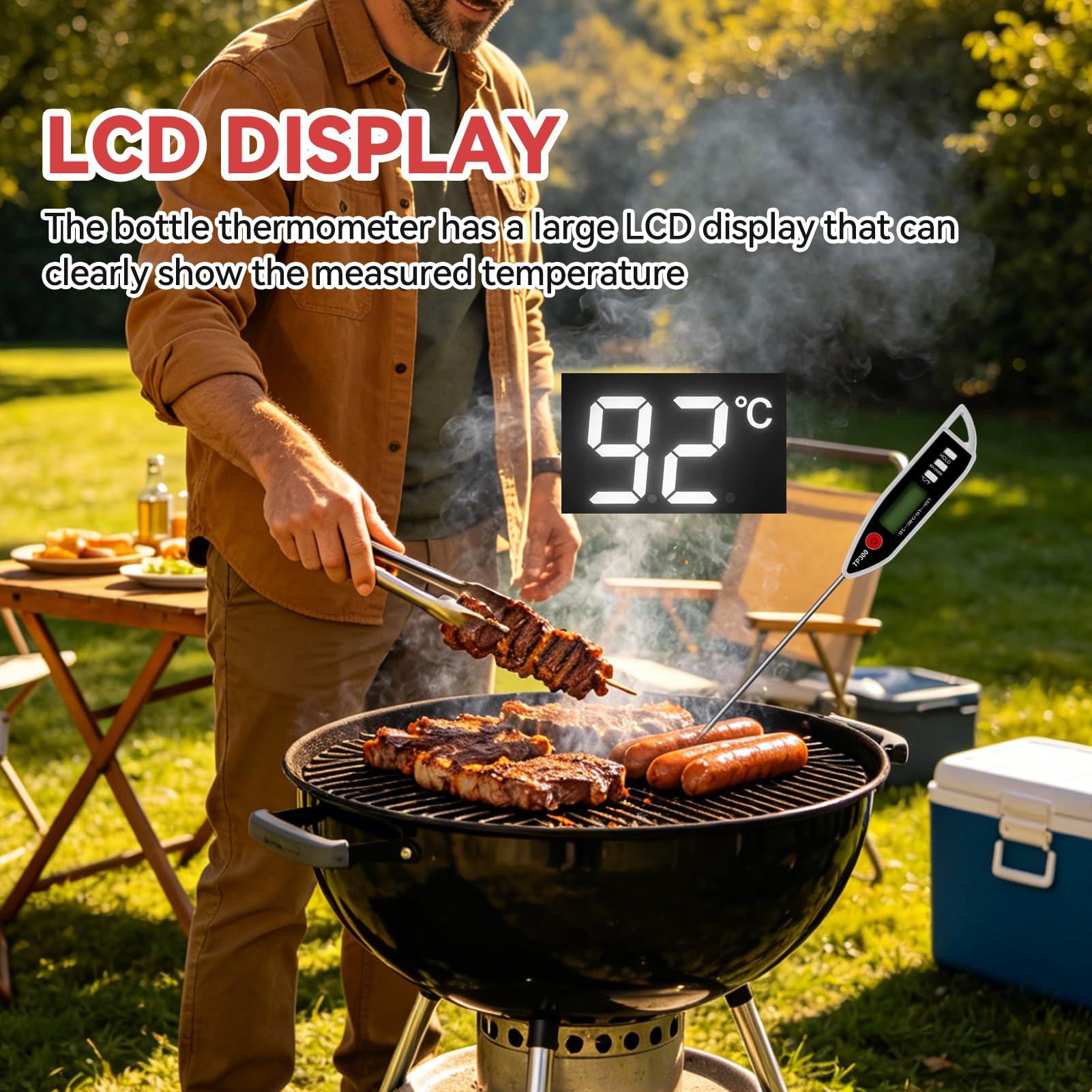 Küchenthermometer, wasserdicht, IPX7, sofortiges Ablesen, mit langer Sonde aus Edelstahl, Digitales Thermometer für Lebensmittel, Fleisch, Flüssigkeit, BBQ, Kerze, Milch, Backen, Umwandlung °C °F
