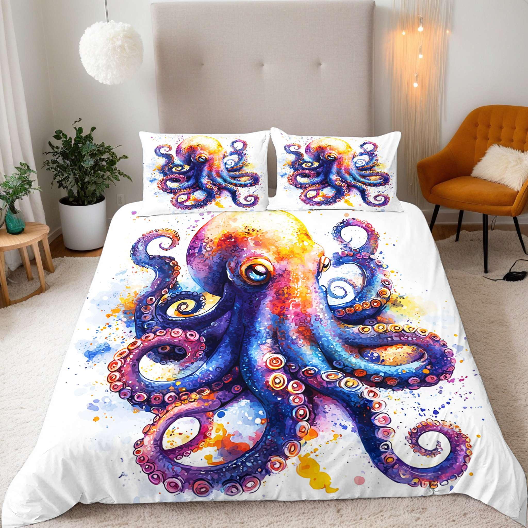 Bedding Double Duvet Cover Sets 3D Watercolor Style Octopus Print Quilt Cover 200x200 cm Microfiber Comfortable Breathable Comforter Cover + 2 Pillow Cases With Zipper Fixable Corner Straps