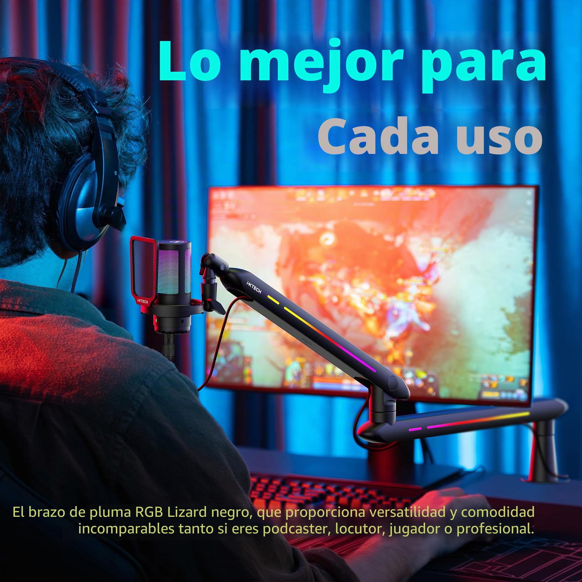IXTECH Brazo de brazo RGB de perfil bajo para micrófono, soporte de brazo de micrófono ajustable con abrazadera de montaje en escritorio, soporte giratorio para micrófono con gestión de cables para