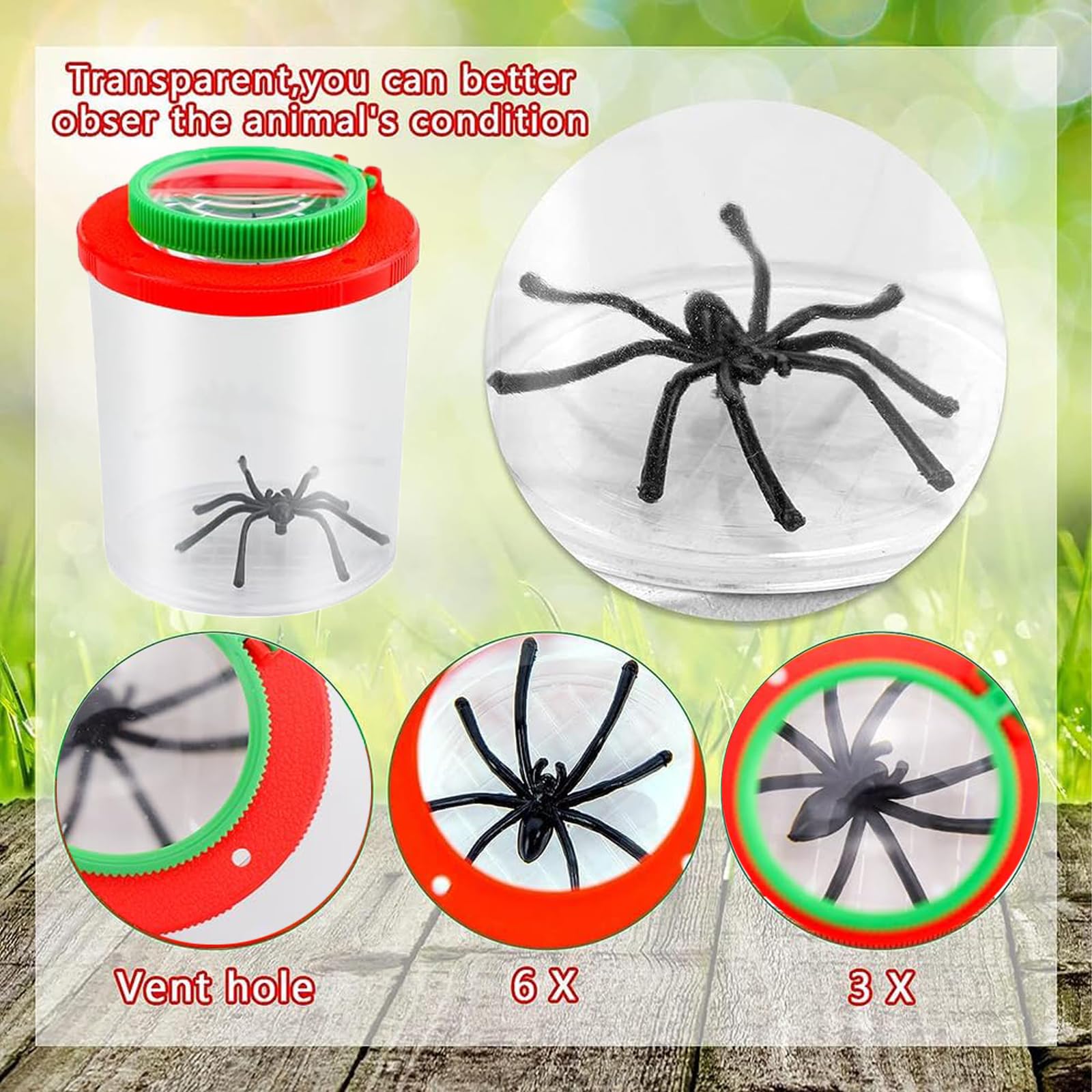 2 bicchieri di lente d'ingrandimento per bambini con pinzette e raccoglitore per insetti, set di lenti d'ingrandimento per bambini, lente d'ingrandimento, per osservare insetti o foglie (rosso,